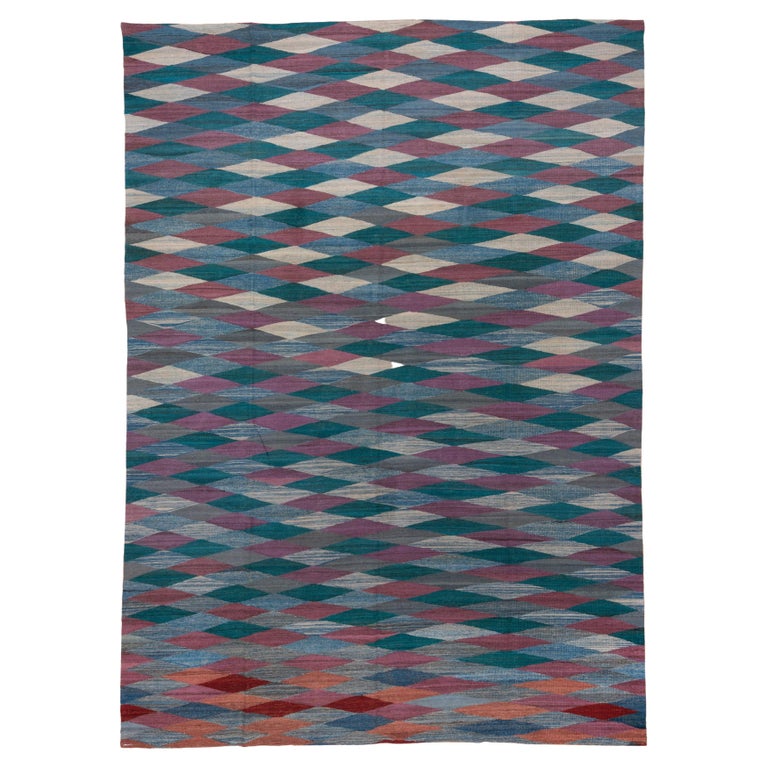 Colorful Modern Wool Flatweave Area Rug, Diamond and Wave Design For Sale at 1stDibs