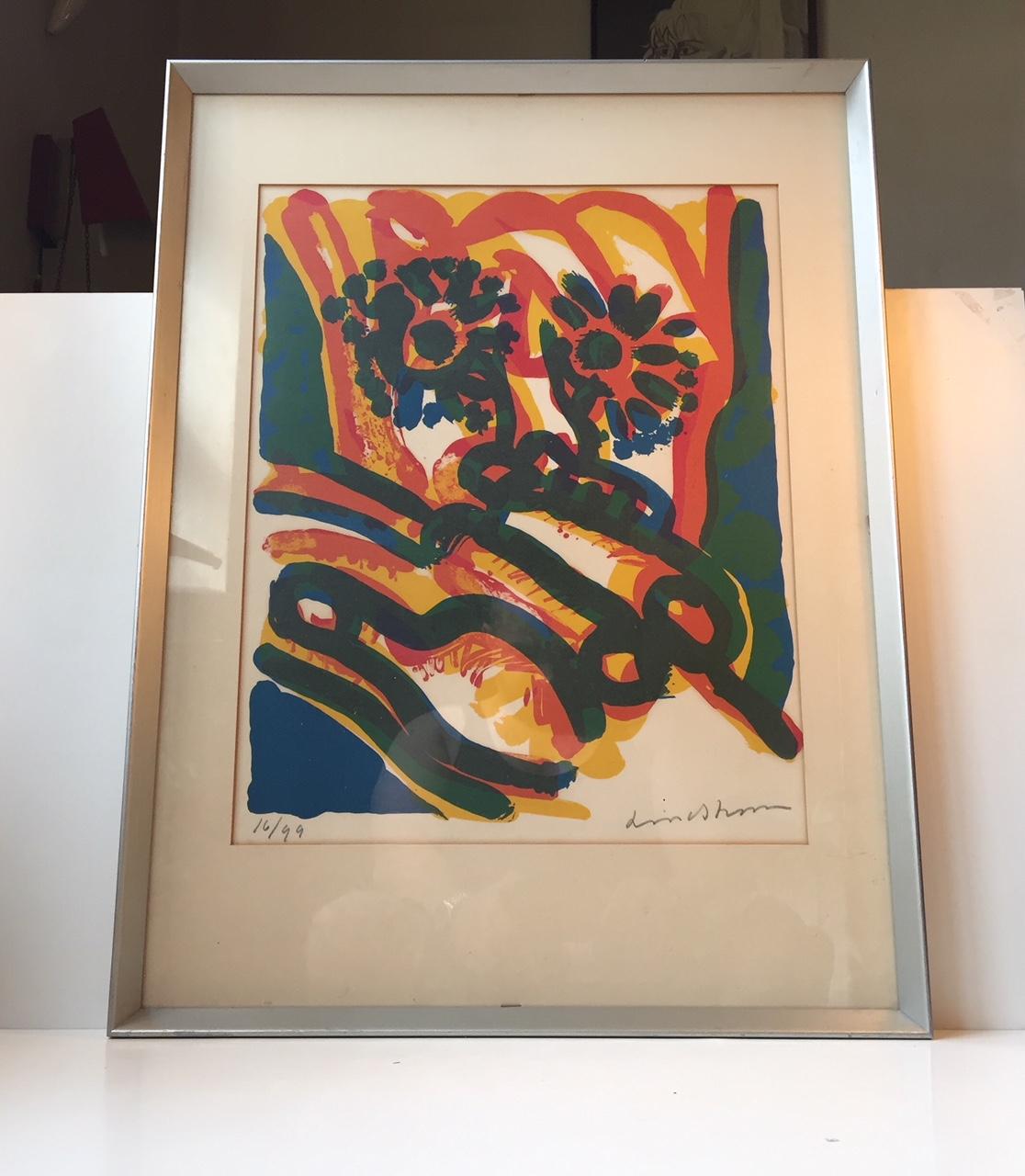 Colorful Modernist Cobra Lithograph by Bengt Lindström, 1925-2008, No. 16/99 In Good Condition For Sale In Esbjerg, DK