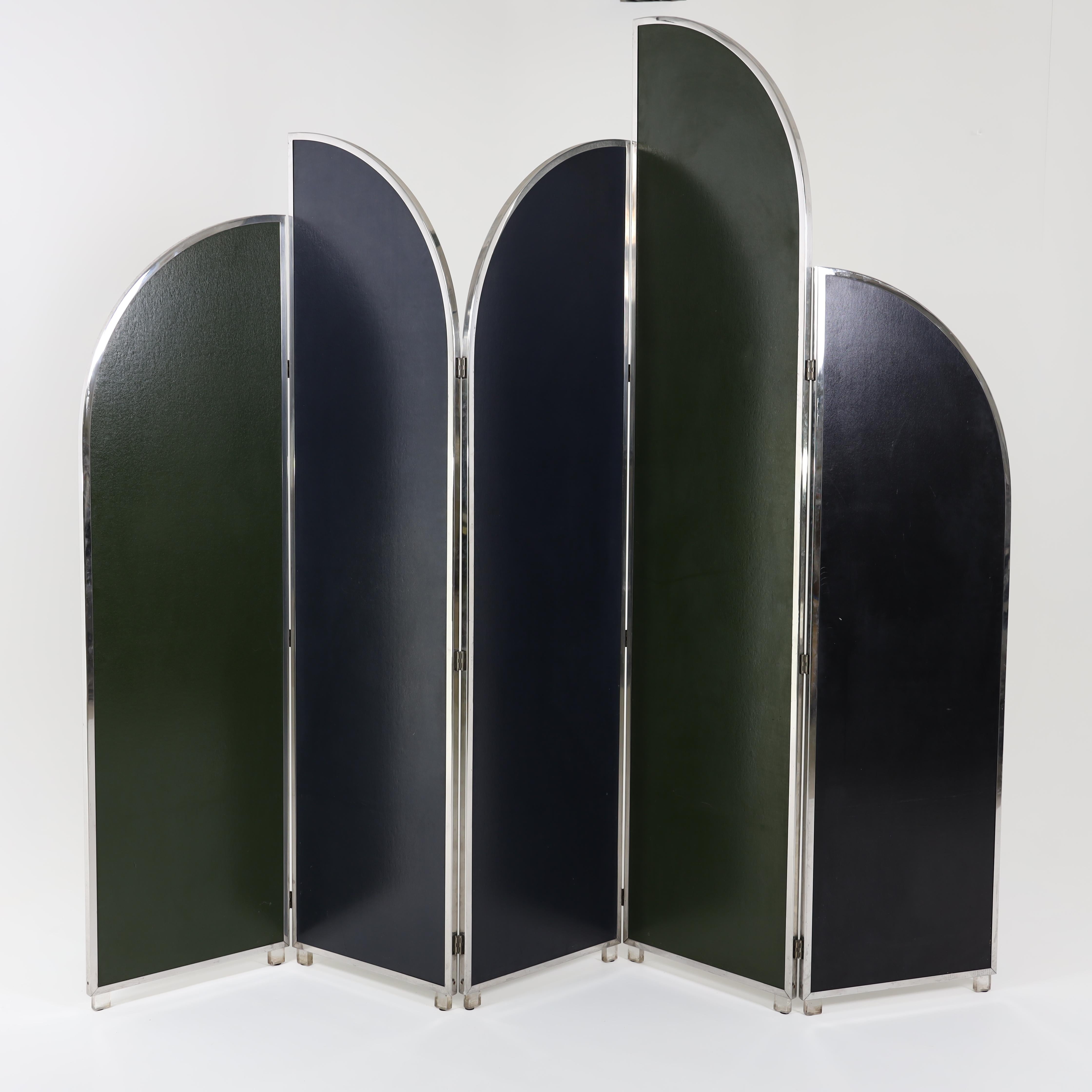 Colorful modernist folding screen by Sandro Petti.
Green and purple leather with a chrome frame and lucite feet.
Literature: Casa Vogue March 1974

Dimensions: Height 96 each panel width 21¾ total width of all panels; 108.75 inches.
