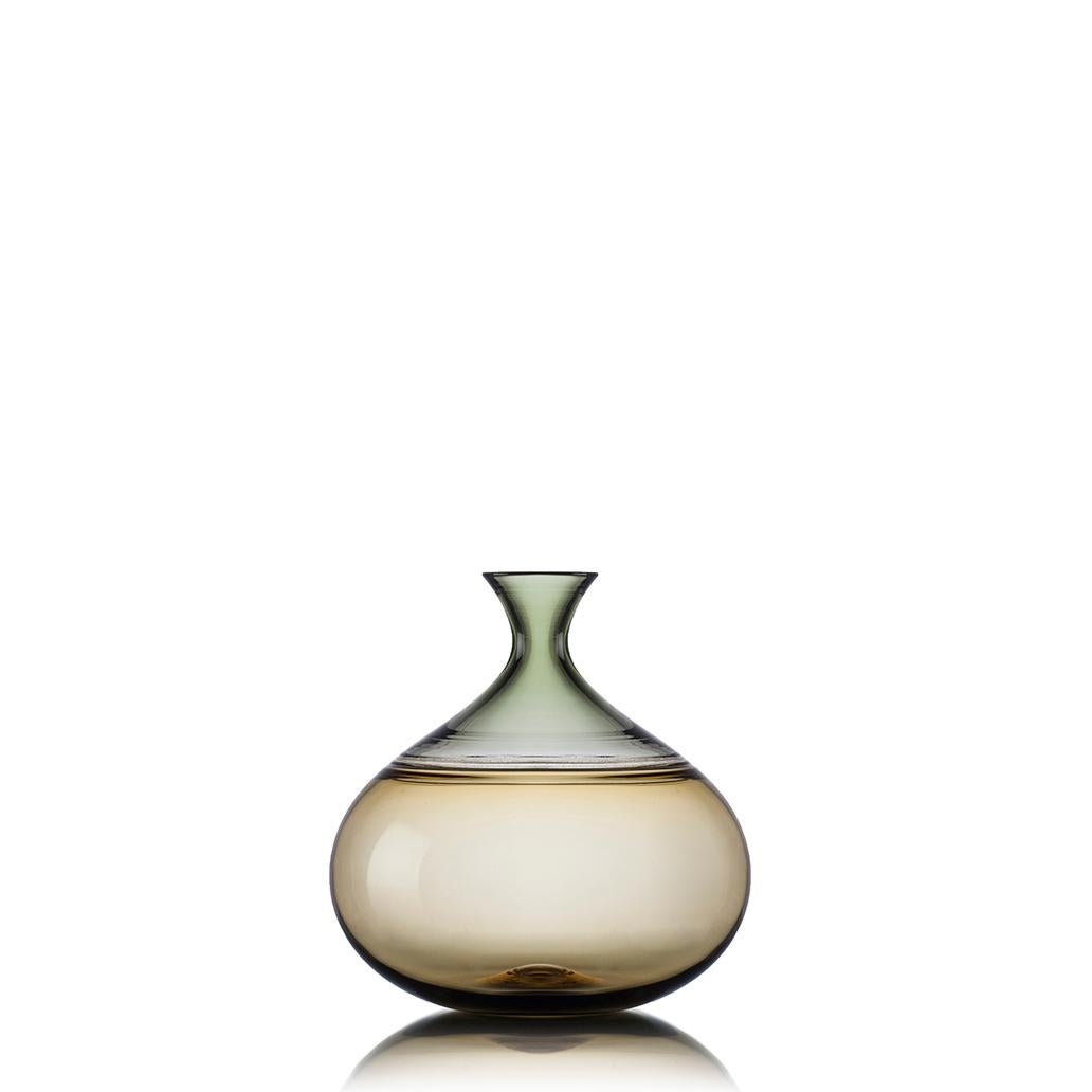 Collection of three hand blown glass statement vessels featuring smoky translucent hues and gold-leaf details. Each colorful vase is composed of two hues fused with a gold-flecked seam at the shoulder. The collection by Vetro Vero is named 