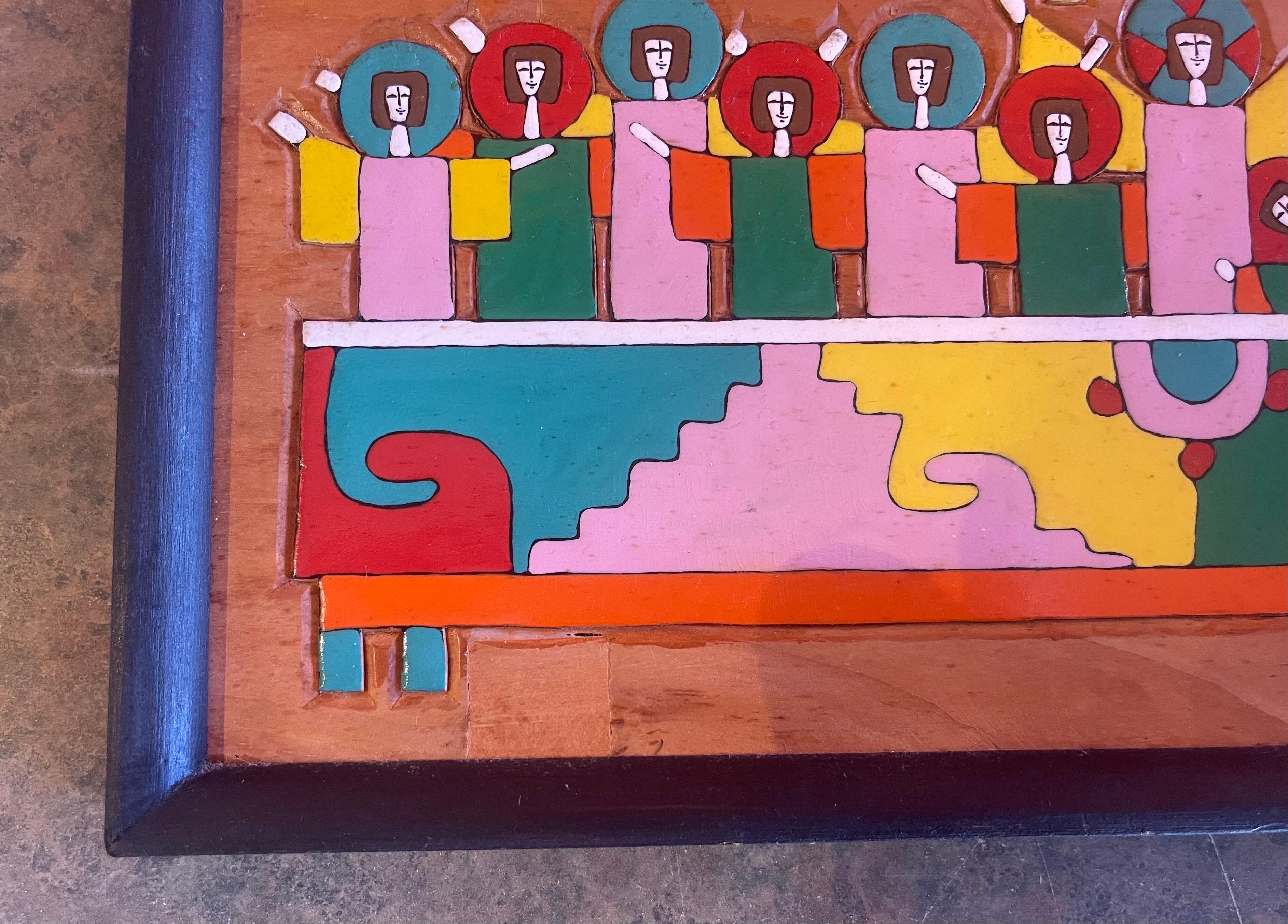 Bunte modernistische Mixed Woods „Last Supper“ Plakette / Wandskulptur Mosaik im Angebot 3