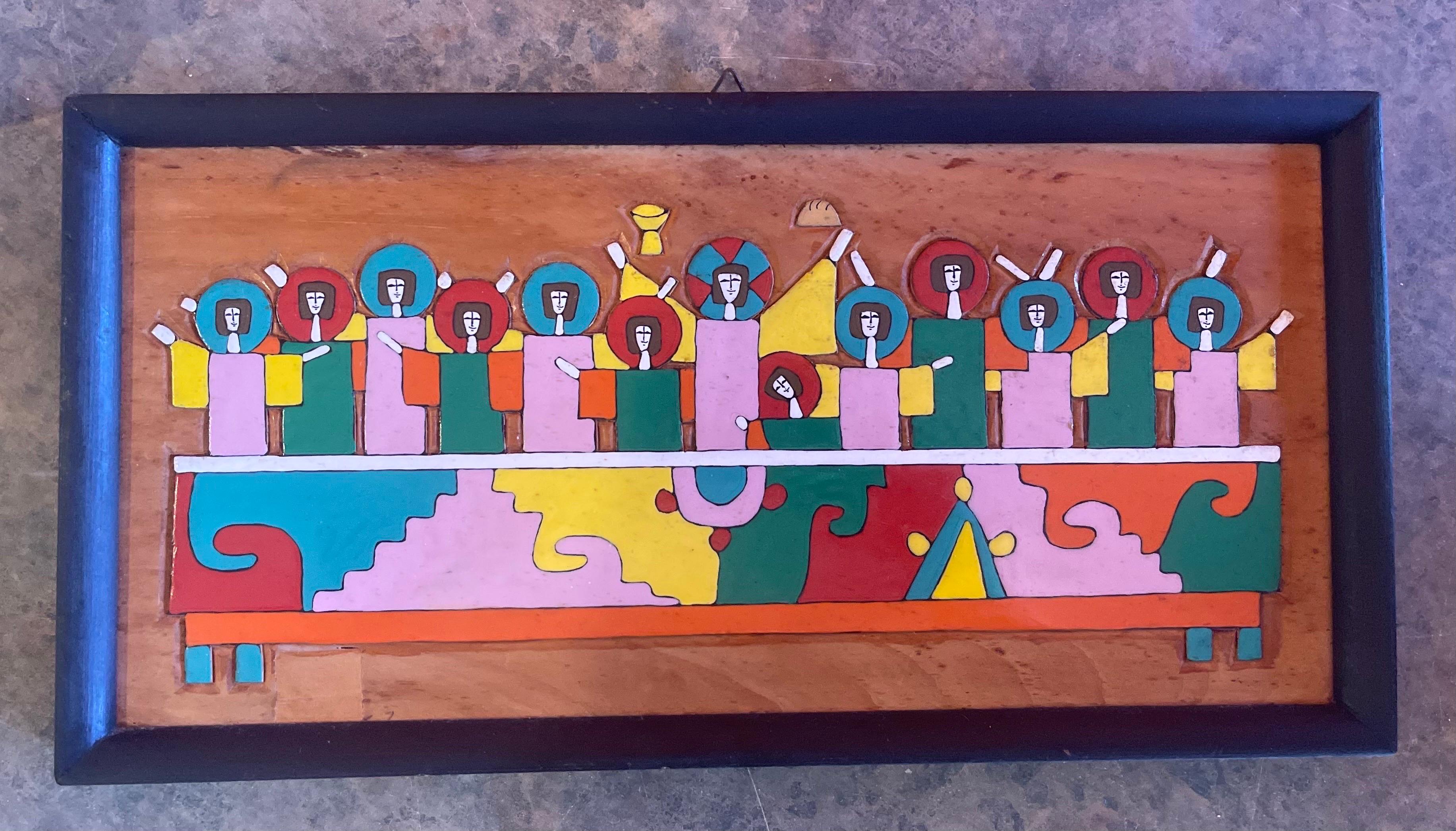 Bunte modernistische Mixed Woods „Last Supper“ Plakette / Wandskulptur Mosaik (Salvadorianisch) im Angebot