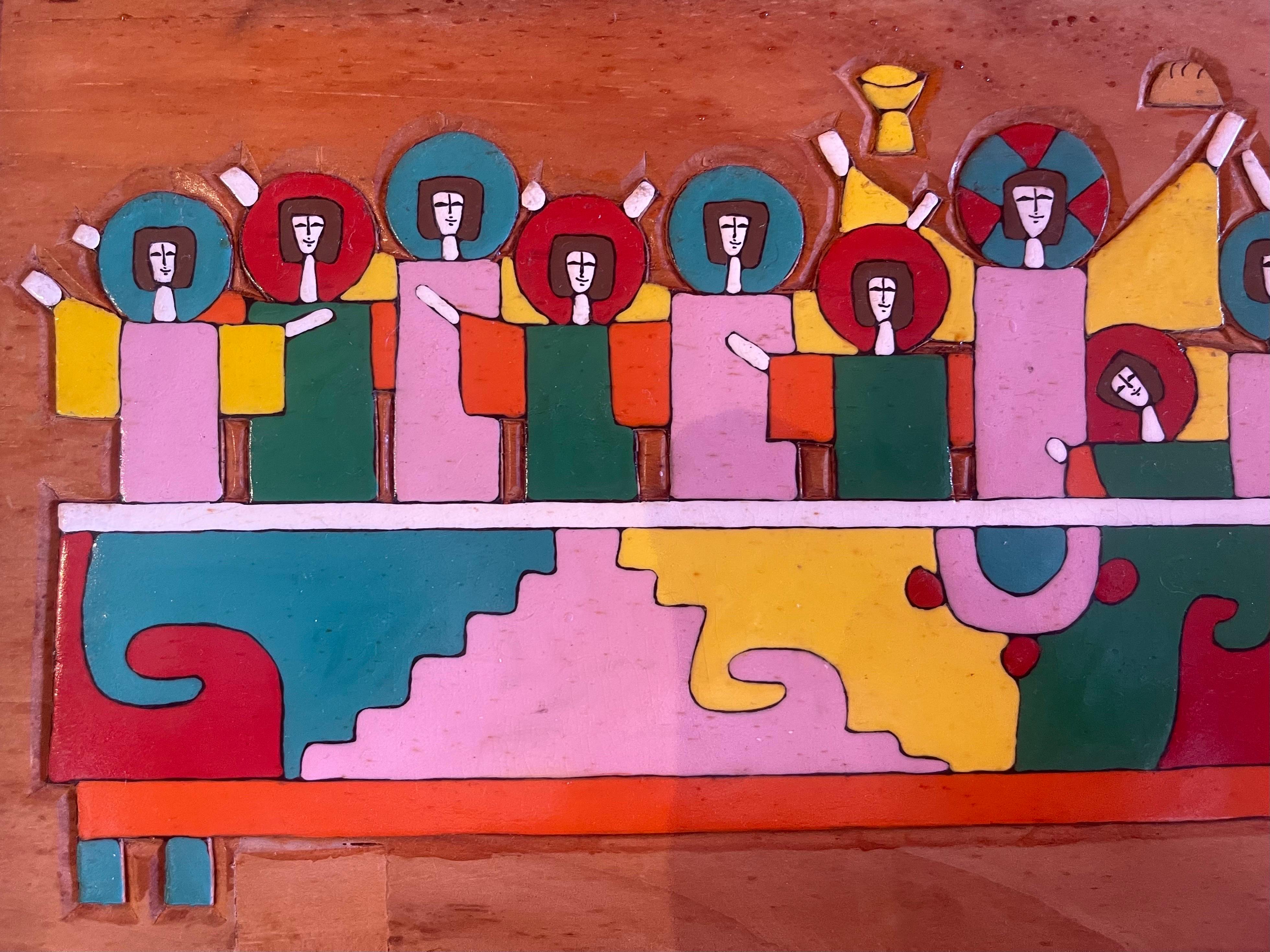 Bunte modernistische Mixed Woods „Last Supper“ Plakette / Wandskulptur Mosaik im Angebot 1