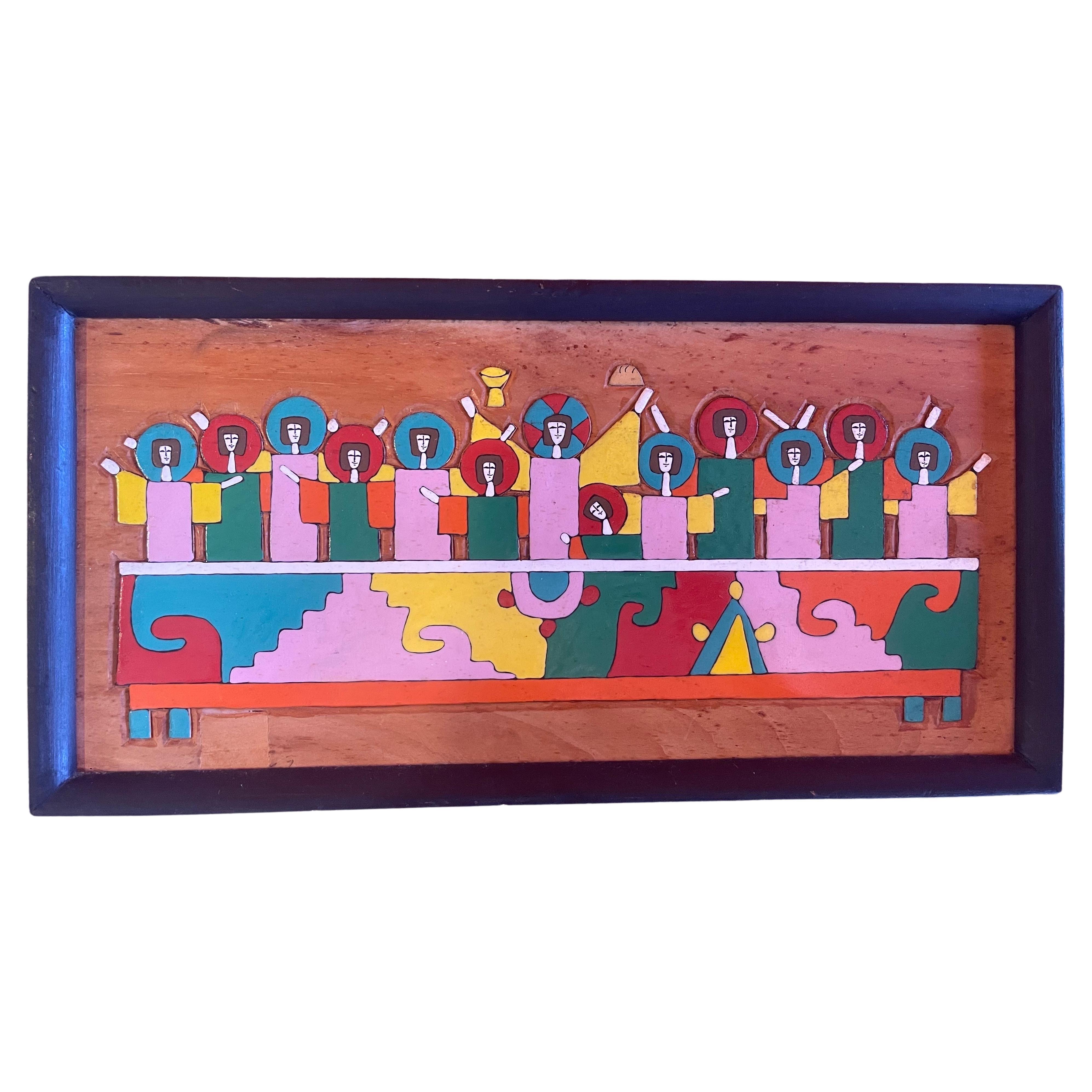 Colorful Modernist Mixed Woods "Last Supper" Plaque / Wall Sculpture Mosaic For Sale