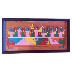 Vintage Colorful Modernist Mixed Woods "Last Supper" Plaque / Wall Sculpture Mosaic