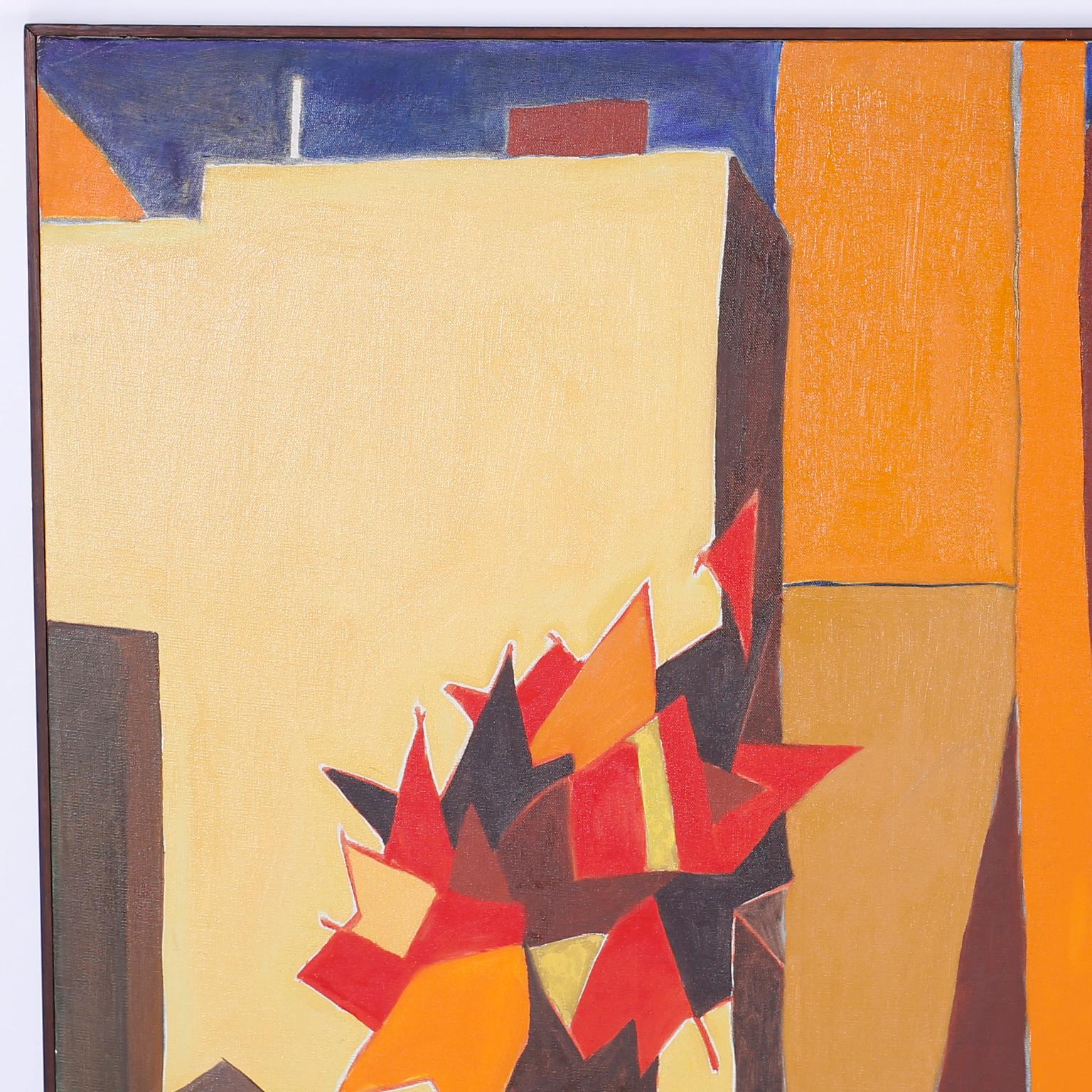 Pintura modernista sobre lienzo con una paleta vibrante y una composición de naturaleza muerta de paisaje urbano con un toque cubista. Firmado por el célebre artista Arnold Weber en la parte inferior izquierda.