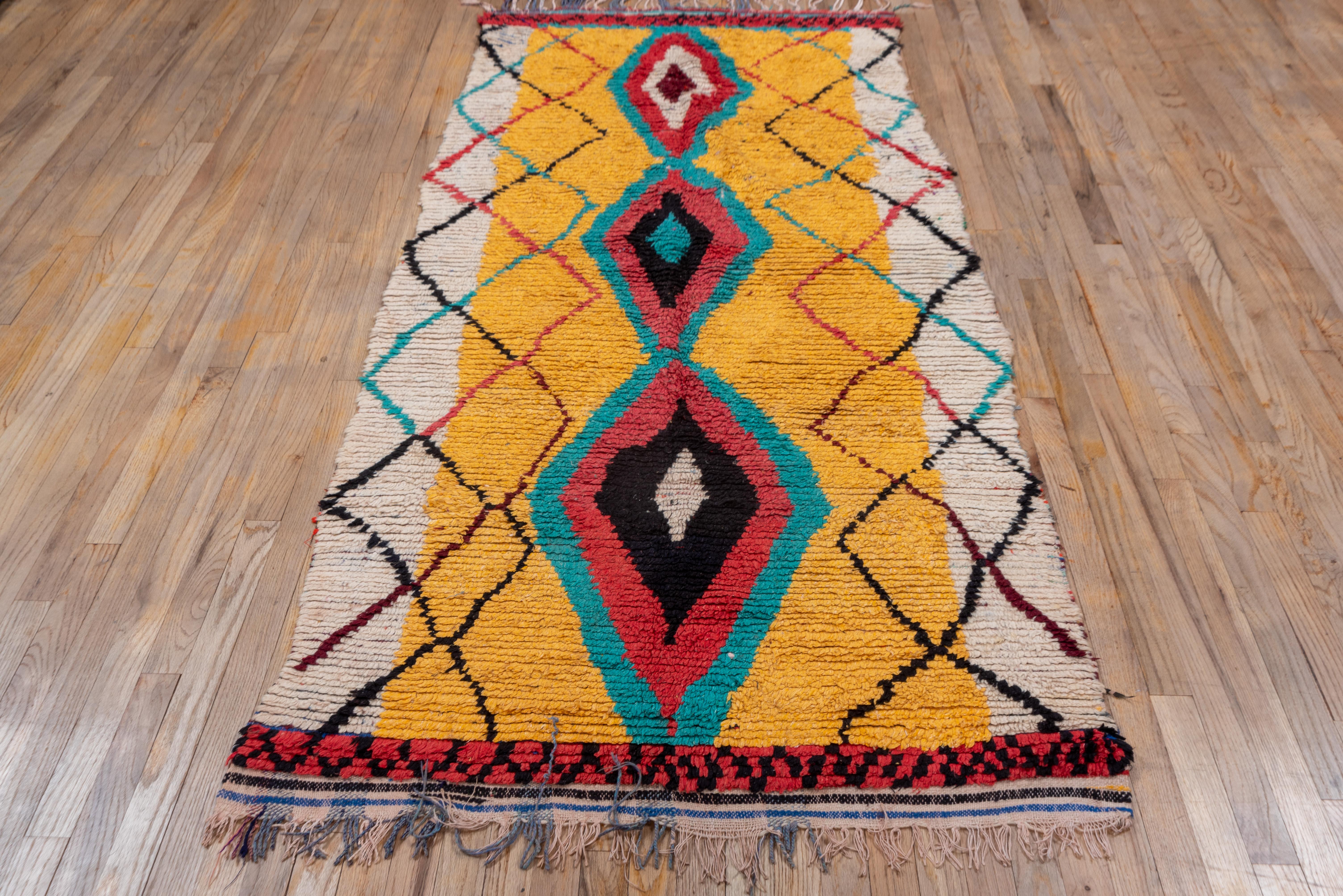 Tribal Colorful Moroccan Azilal Rug, Yellow Main Field, Ivory Borders