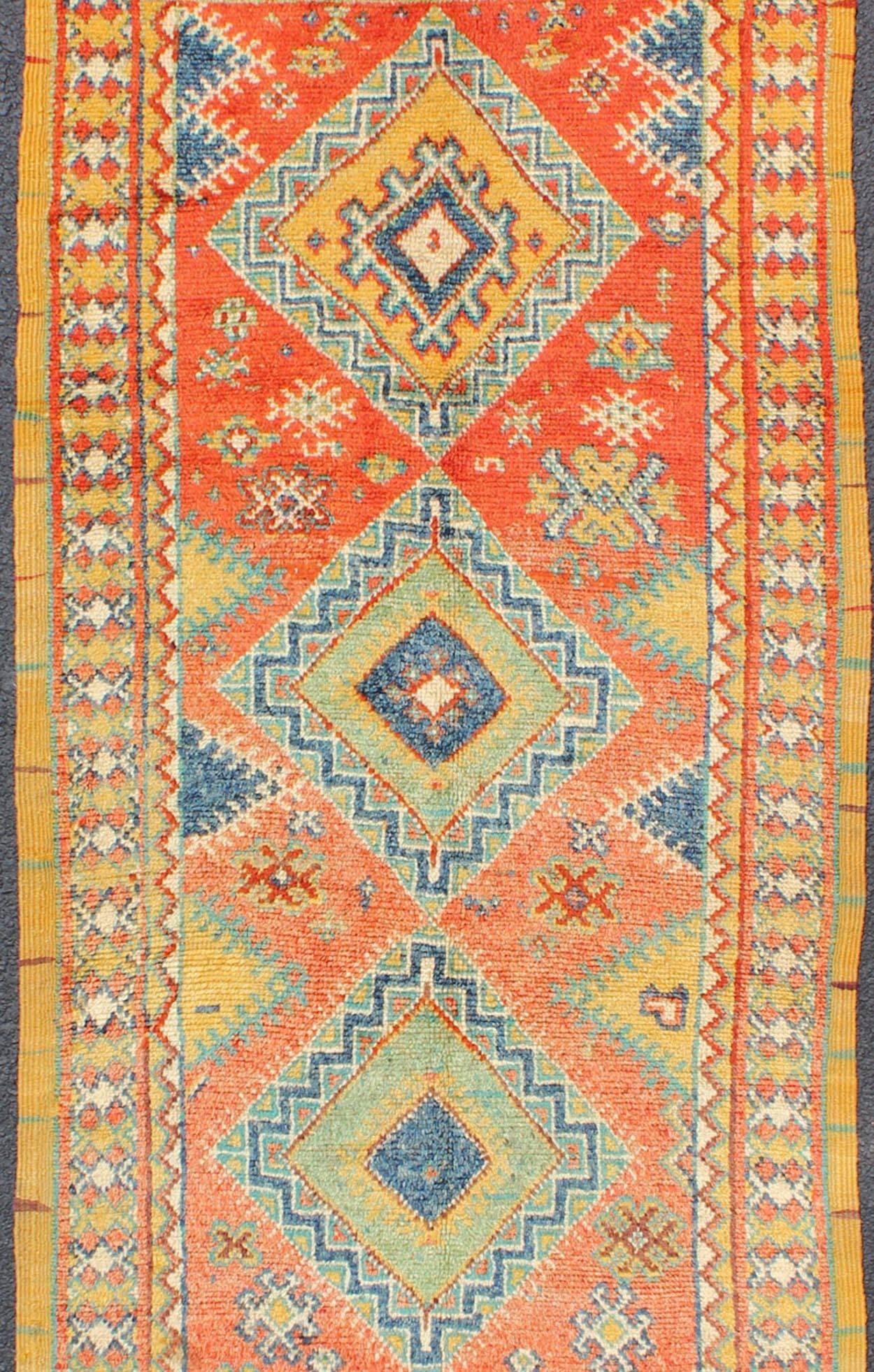 Tribal Colorful Moroccan Runner in Orange, Blue, Yellow and Gold Colors For Sale