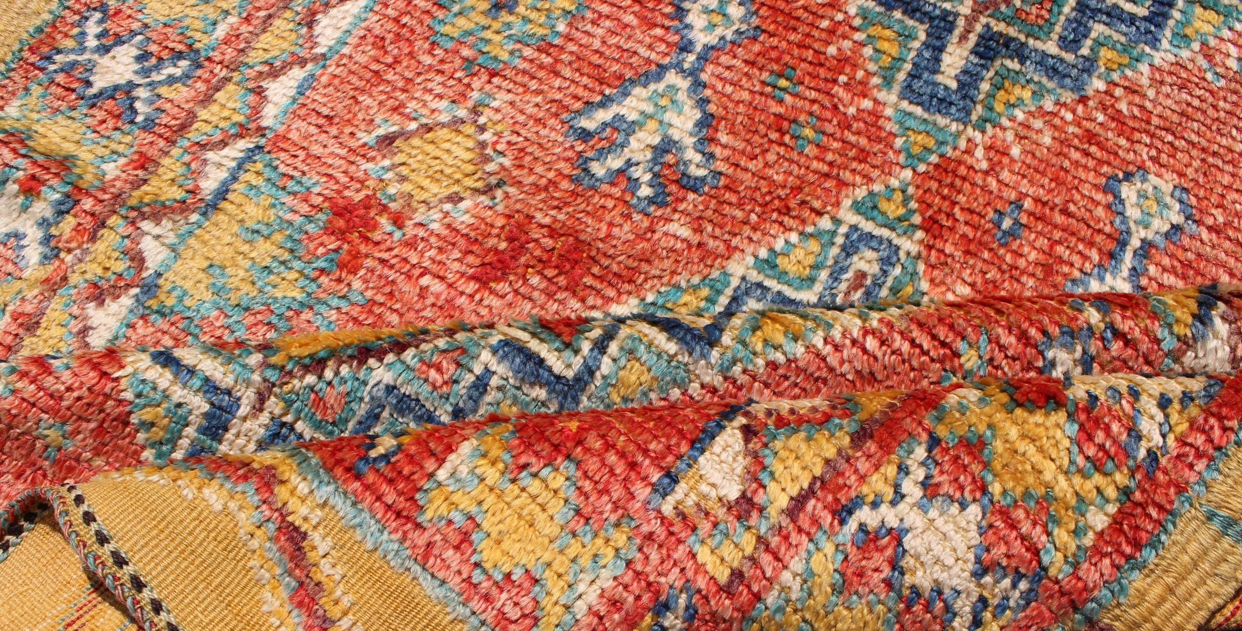 Hand-Knotted Colorful Moroccan Runner in Orange, Blue, Yellow and Gold Colors For Sale