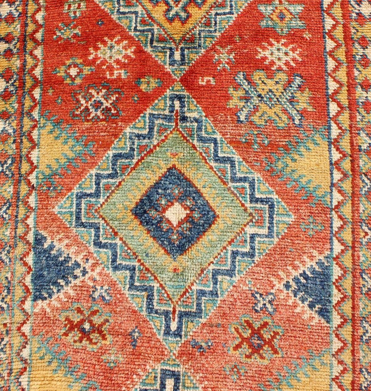 Colorful Moroccan Runner in Orange, Blue, Yellow and Gold Colors In Good Condition For Sale In Atlanta, GA