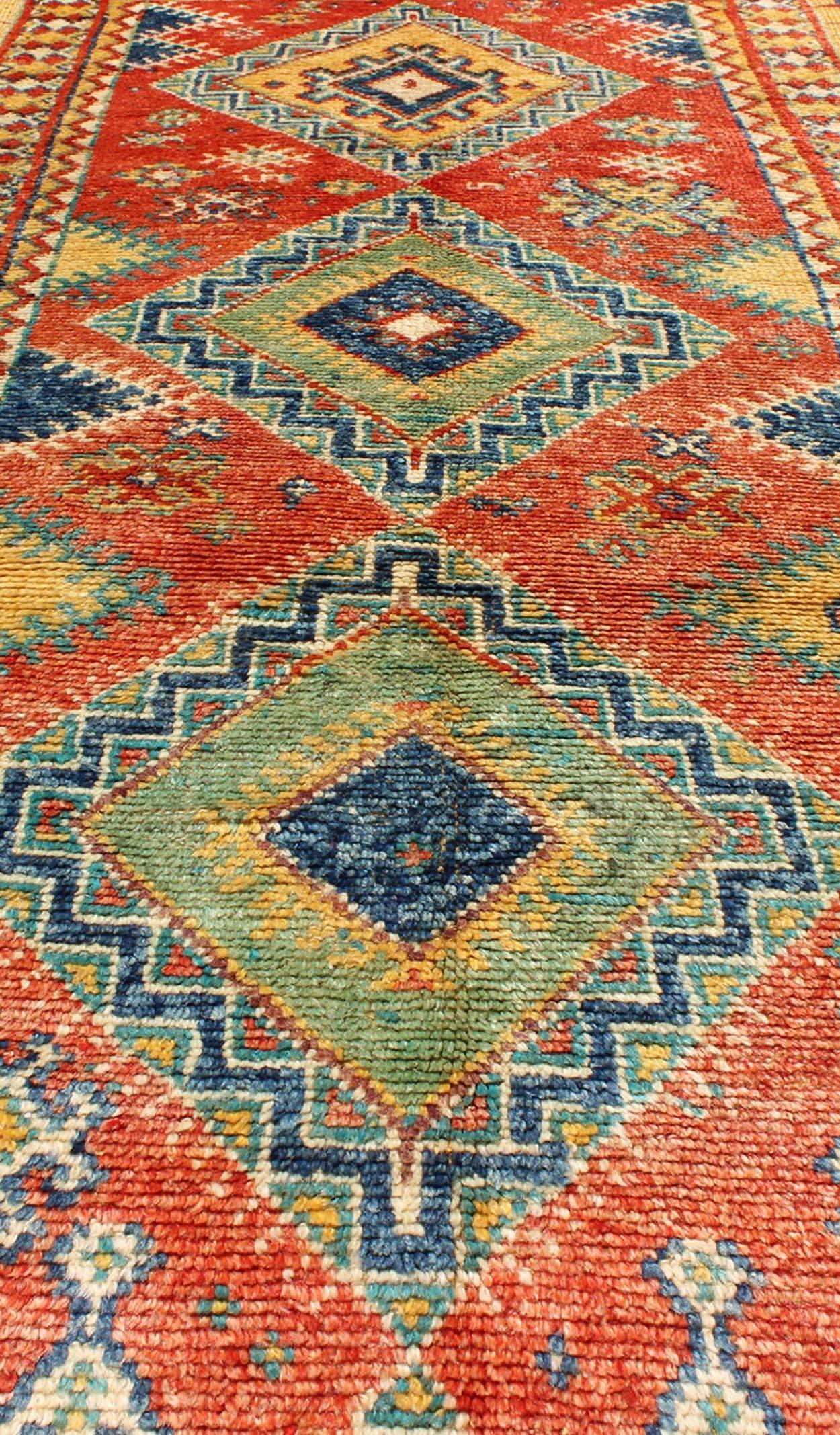 Colorful Moroccan Runner in Orange, Blue, Yellow and Gold Colors For Sale 1