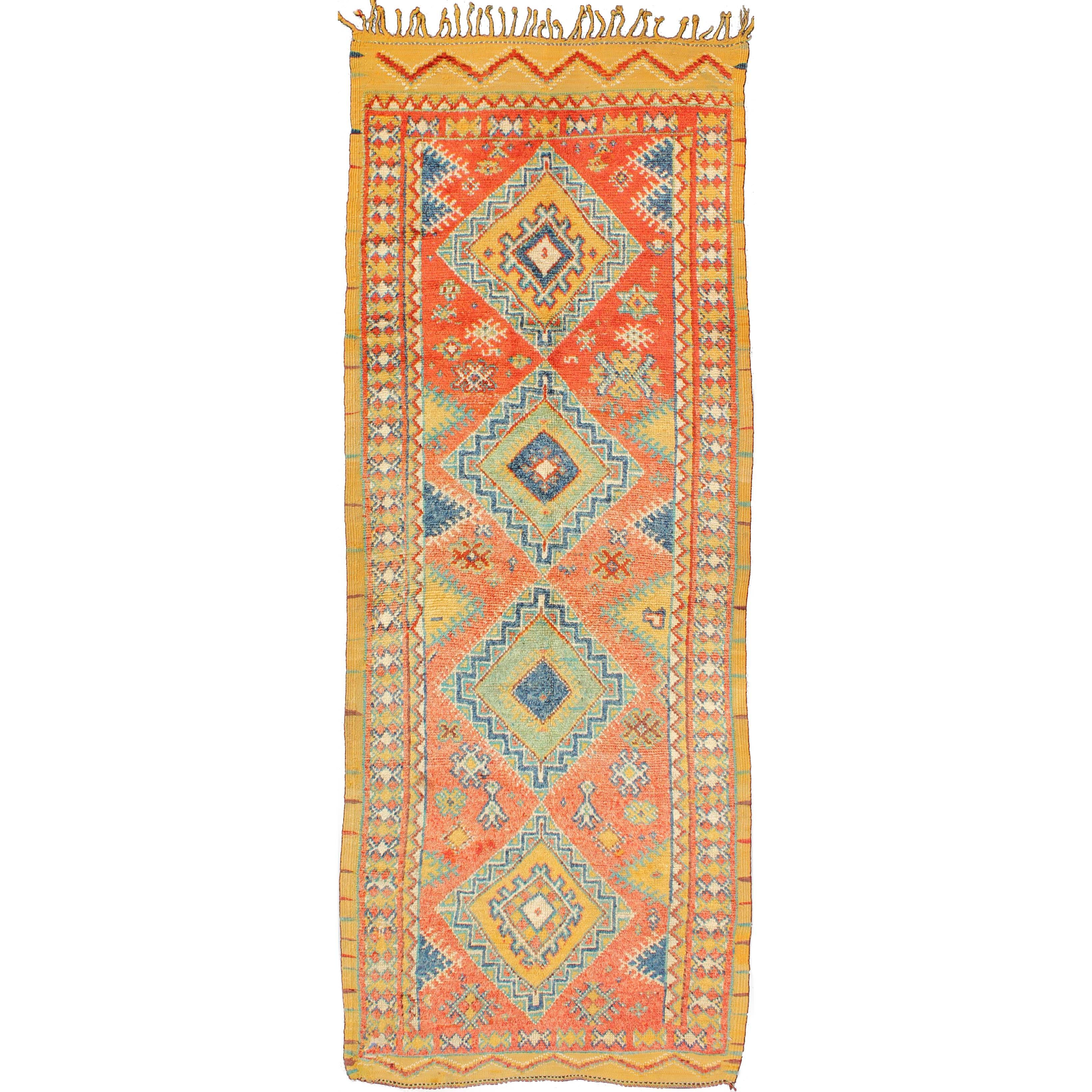 Colorful Moroccan Runner in Orange, Blue, Yellow and Gold Colors For Sale