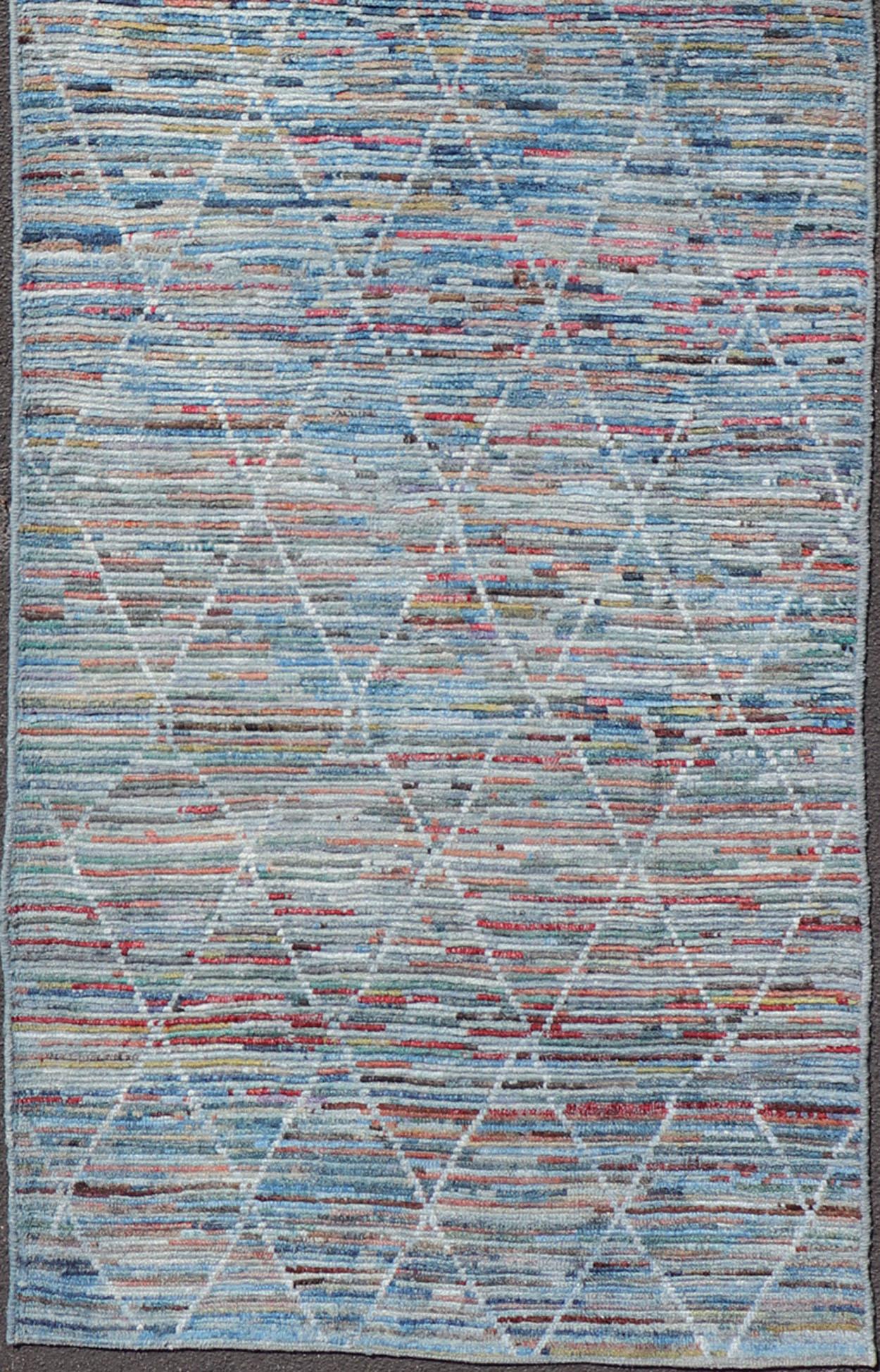Modern and casual Gallery in Moroccan style with fine wool. Colors include blue, green, red, gray, and yellow. Modern diamond design, Afghan Modern Kilim, Geometric design. Keivan Woven Arts Rug AFG-31924, country of origin / type: Afghanistan /
