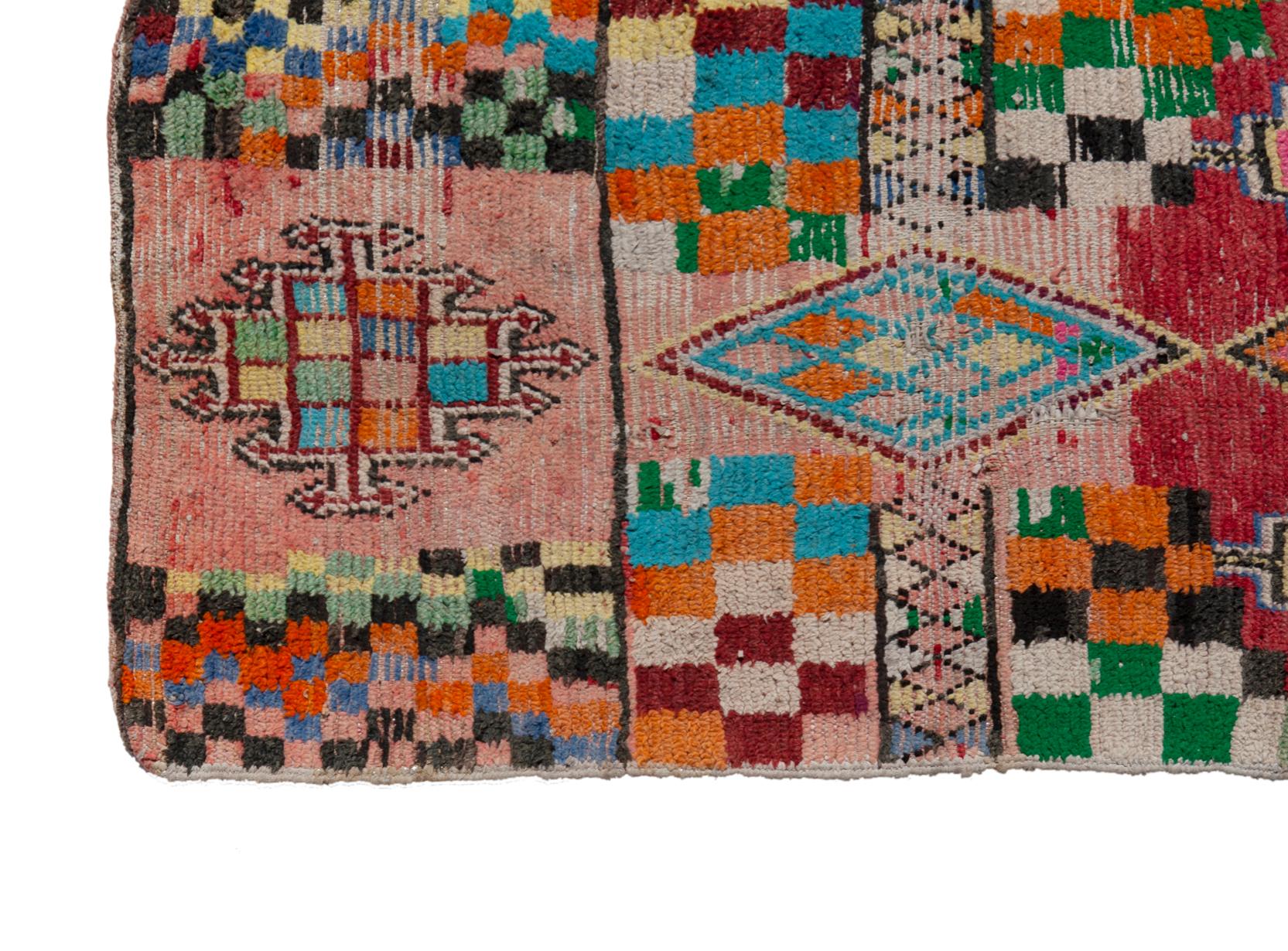 From Morocco, this colorful one-of-a-kind runner woven in a tribal Berber village that specializes in these colorful woven patterns.
The wool has been vegetable dyed.
Purchased from the personal collection of the late actress, Anne Hecht.