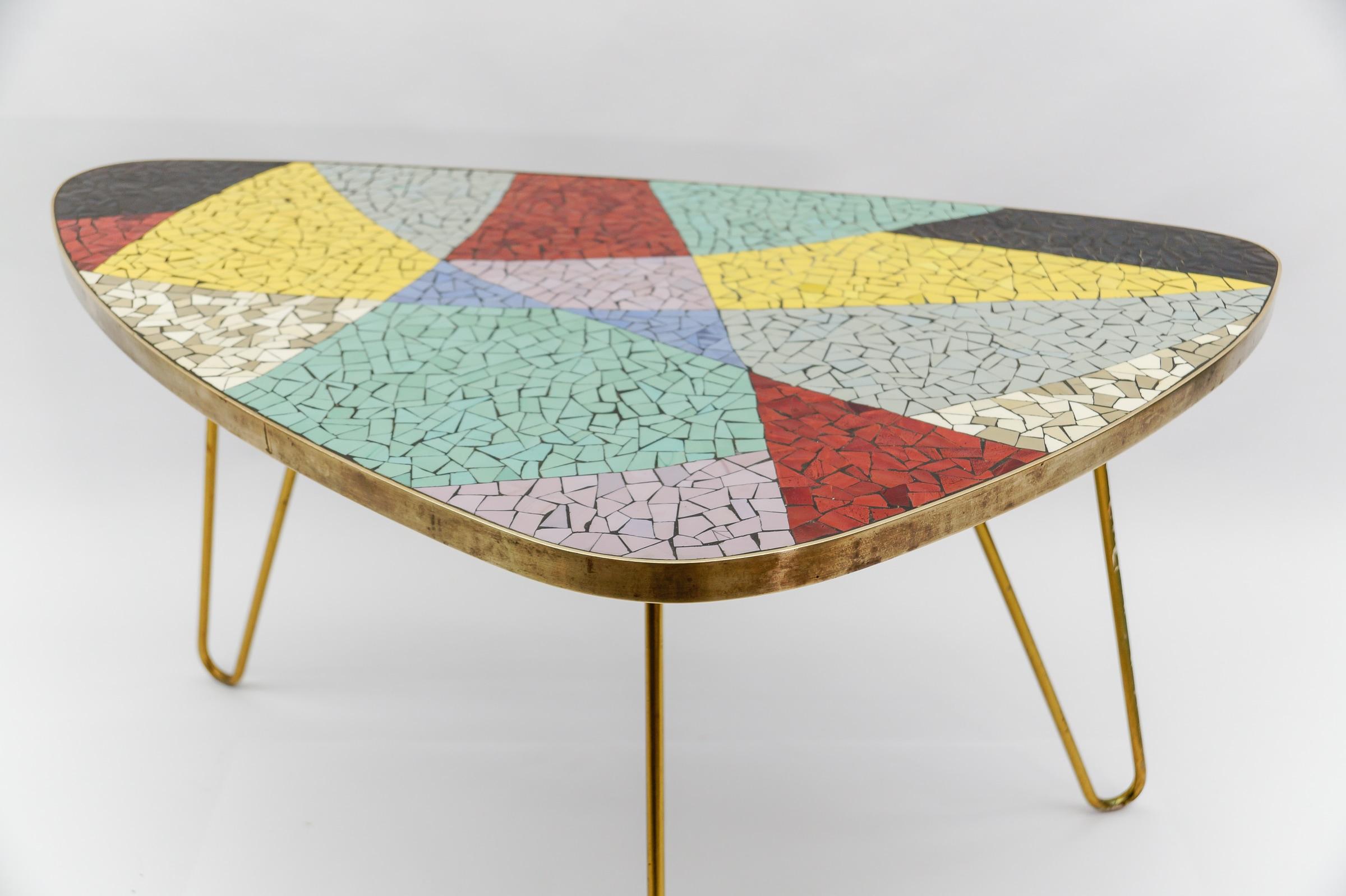 Colorful Mosaic and Brass Coffee Table, 1950s Italy For Sale 2