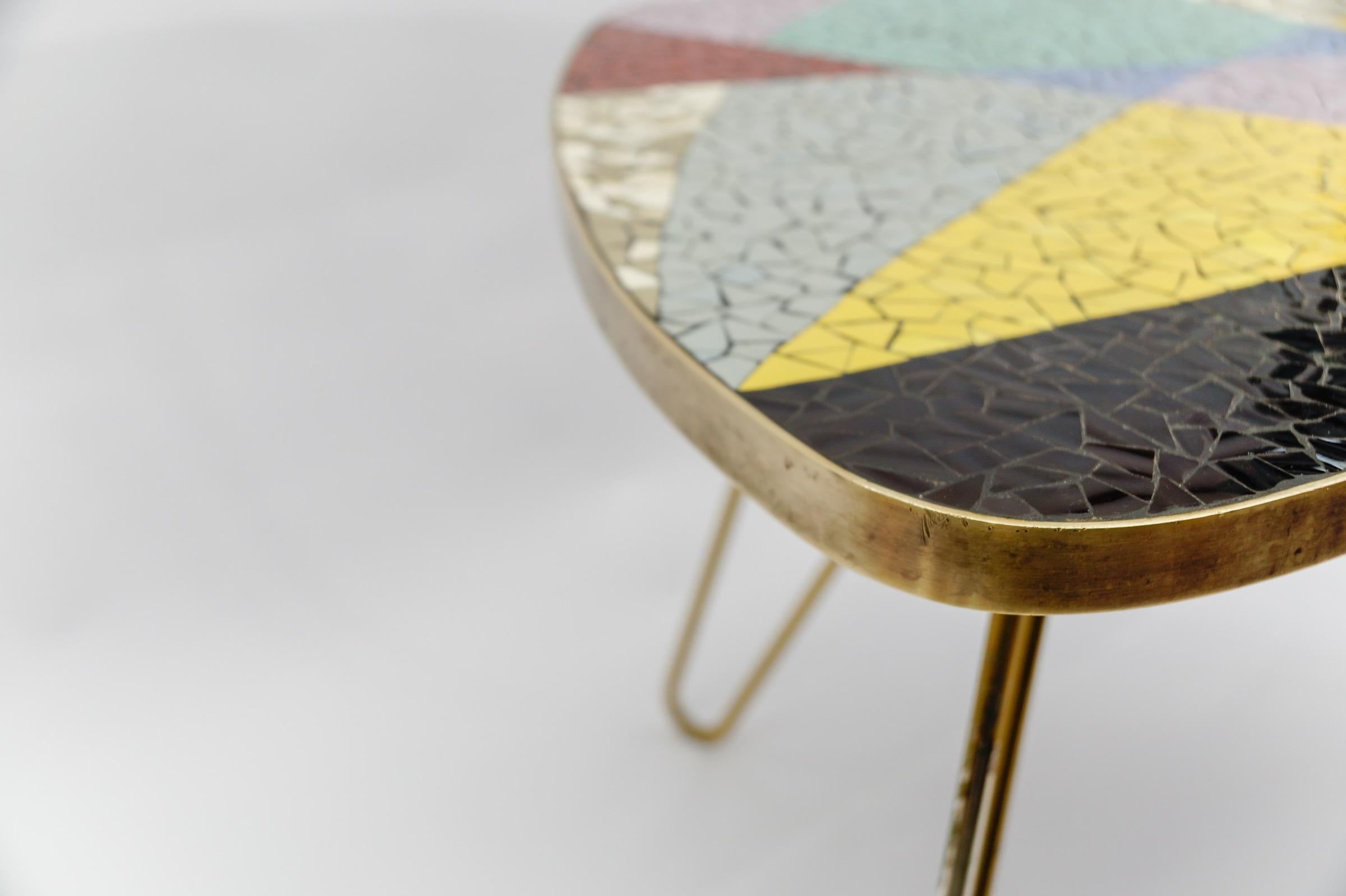 Colorful Mosaic and Brass Coffee Table, 1950s Italy For Sale 3