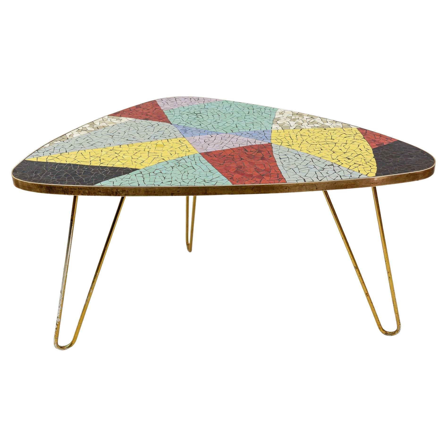 Colorful Mosaic and Brass Coffee Table, 1950s Italy For Sale