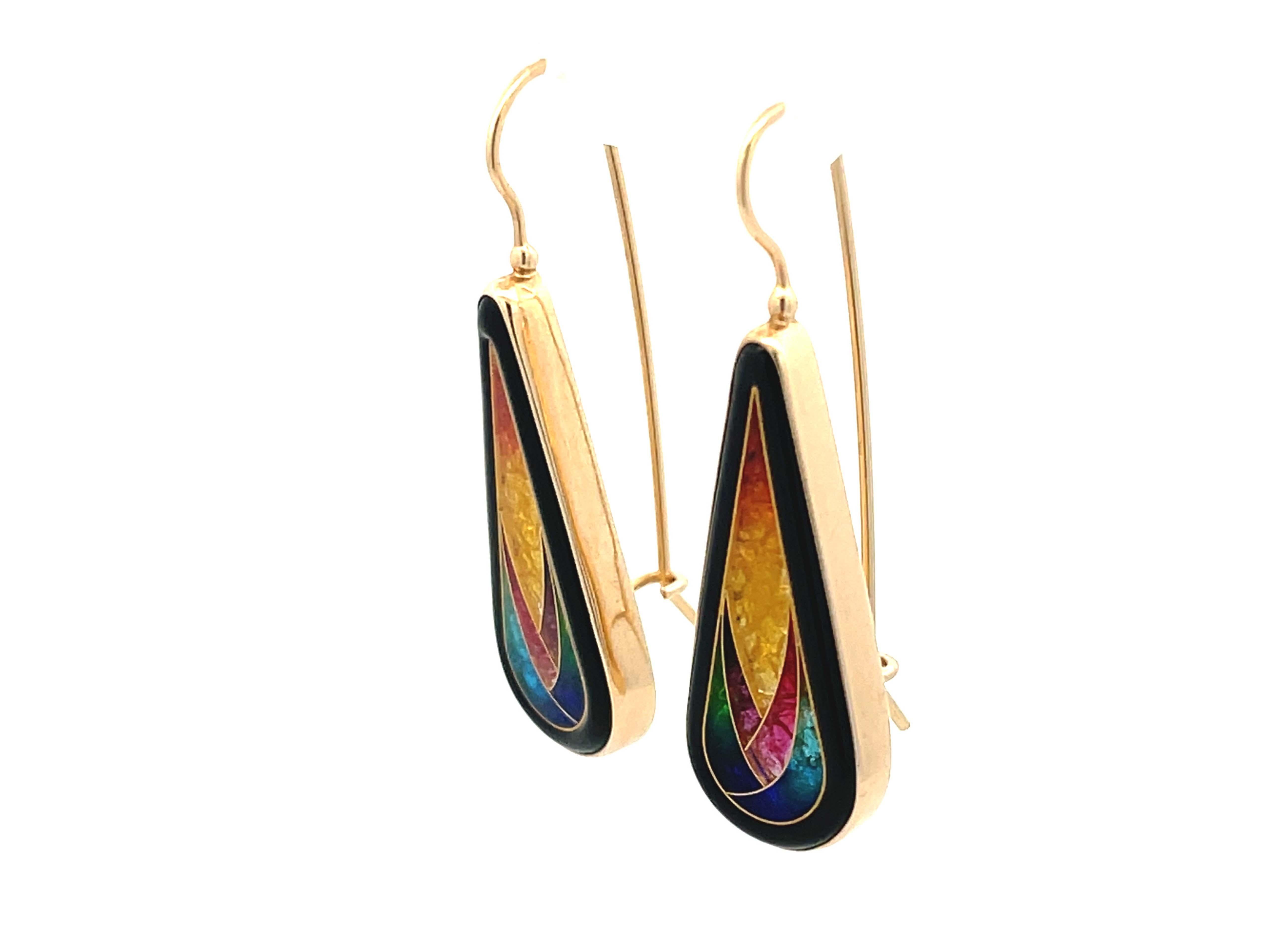 Modern Colorful Mosaic Enamel Pear Shaped Earrings in 14k Yellow Gold For Sale