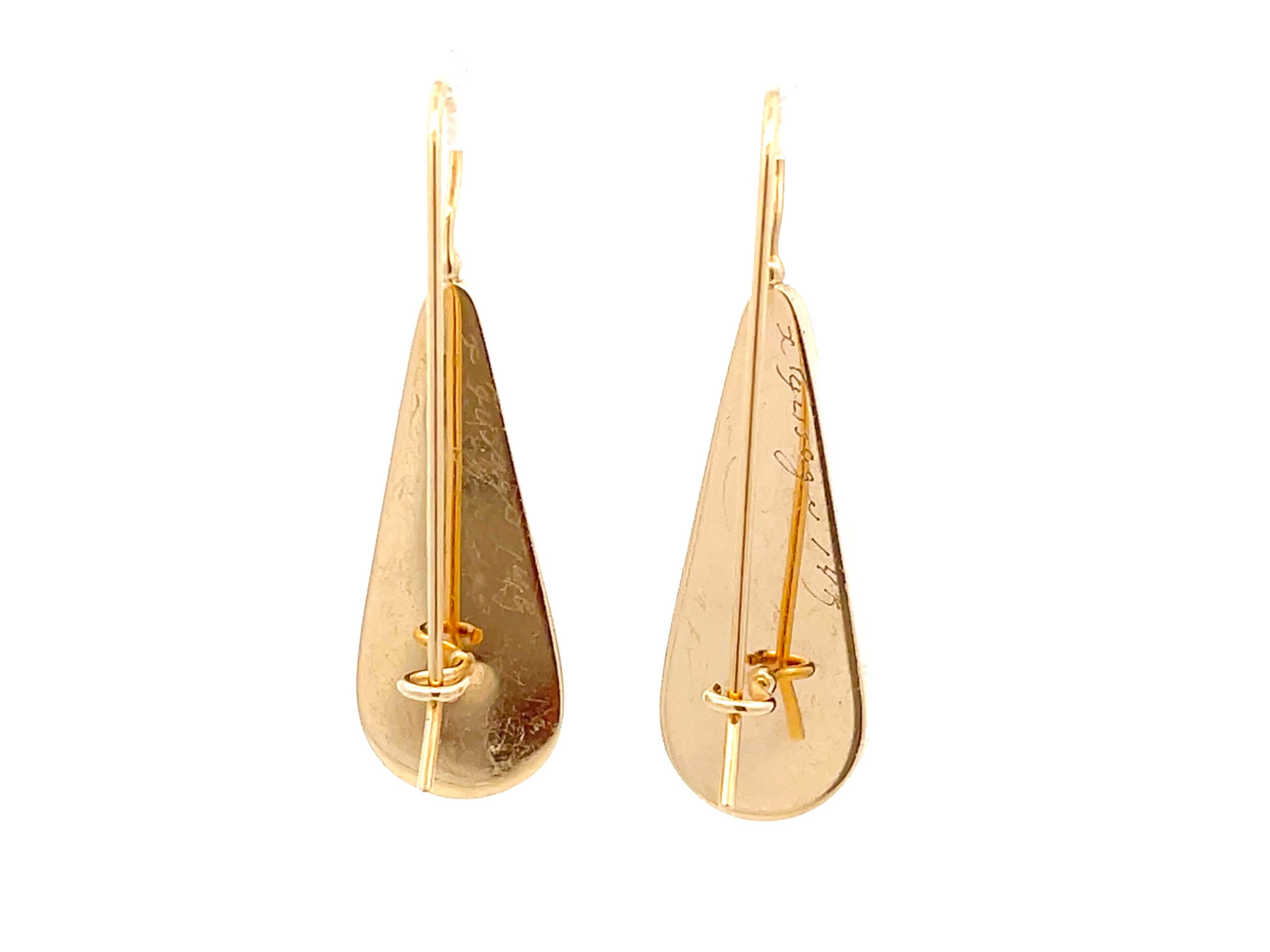 Colorful Mosaic Enamel Pear Shaped Earrings in 14k Yellow Gold For Sale 1