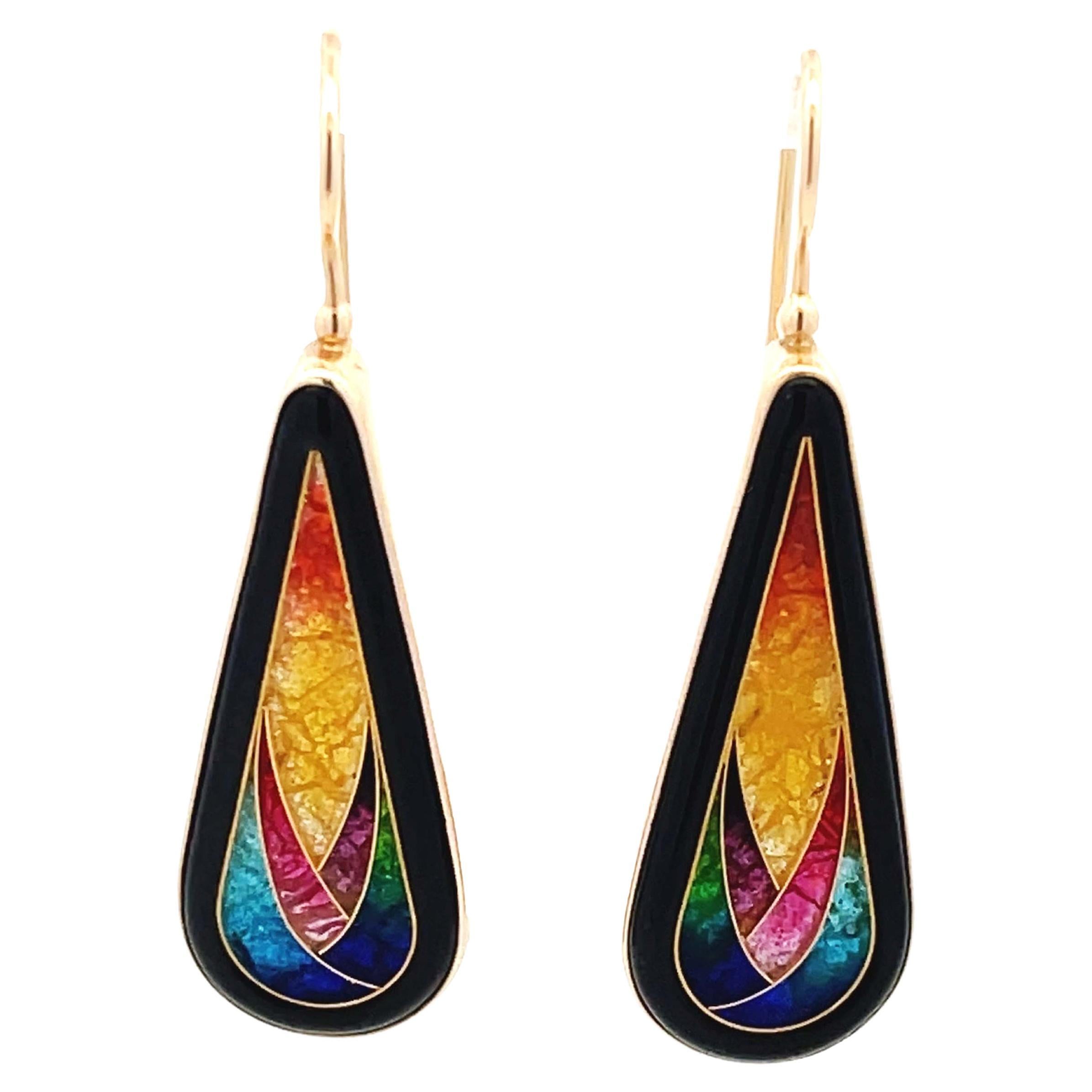 Colorful Mosaic Enamel Pear Shaped Earrings in 14k Yellow Gold For Sale