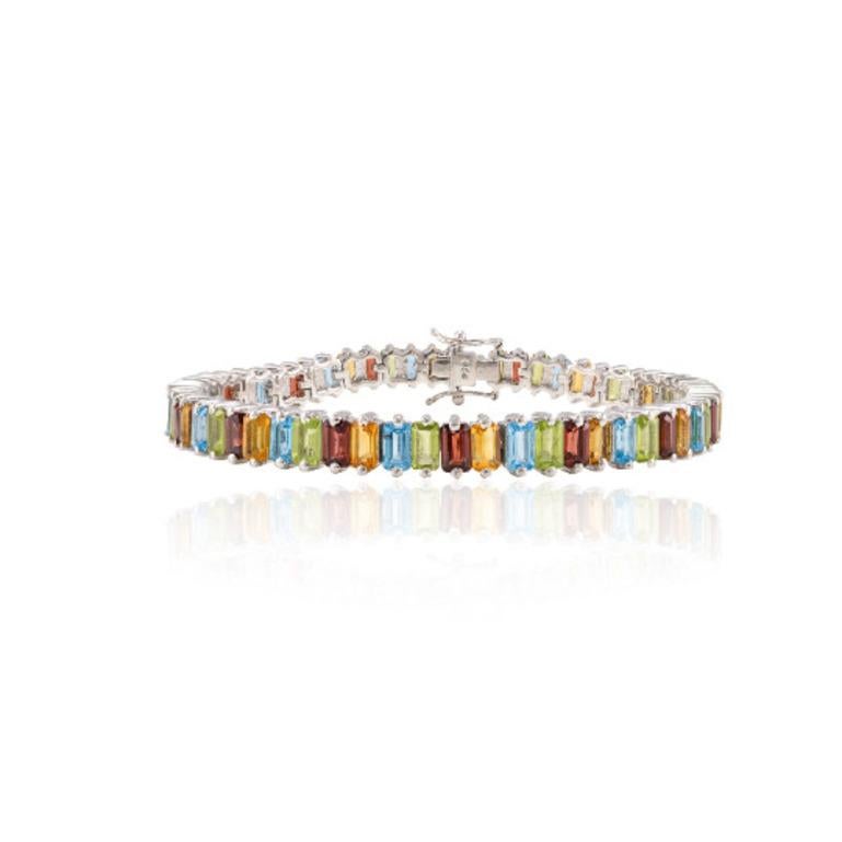 Beautifully handcrafted Colorful Multi Gemstone Bracelet in Sterling Silver, designed with love, including handpicked luxury gemstones for each designer piece. Grab the spotlight with this exquisitely crafted piece. Inlaid with natural multi