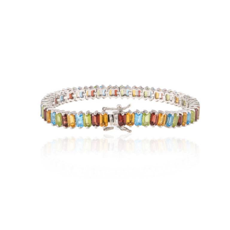 Modern Colorful Multi Gemstone .925 Sterling Silver Tennis Bracelet for Her For Sale