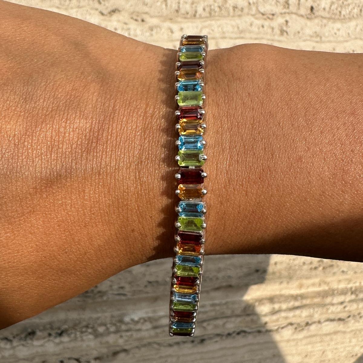 Baguette Cut Colorful Multi Gemstone 925 Sterling Silver Tennis Bracelet for Women Gift For Sale