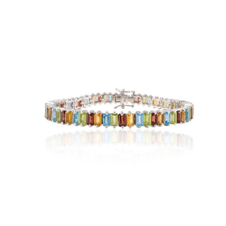 Colorful Multi Gemstone 925 Sterling Silver Tennis Bracelet for Women Gift In New Condition For Sale In New York, NY