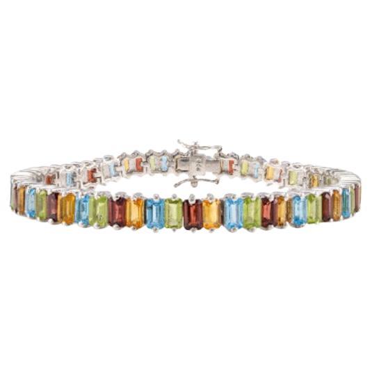 Colorful Multi Gemstone .925 Sterling Silver Tennis Bracelet for Her For Sale