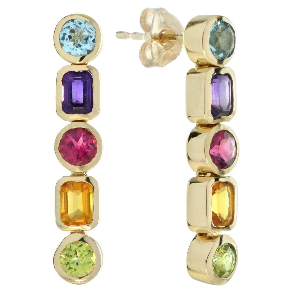 Bunte Multi Edelstein Linie Drop 14K Gelbgold Ohrringe im Angebot