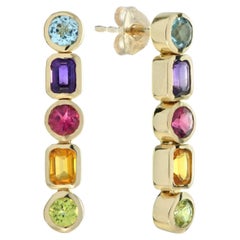 Boucles d'oreilles en or jaune 14K avec goutte d'eau et pierres multiples colorées