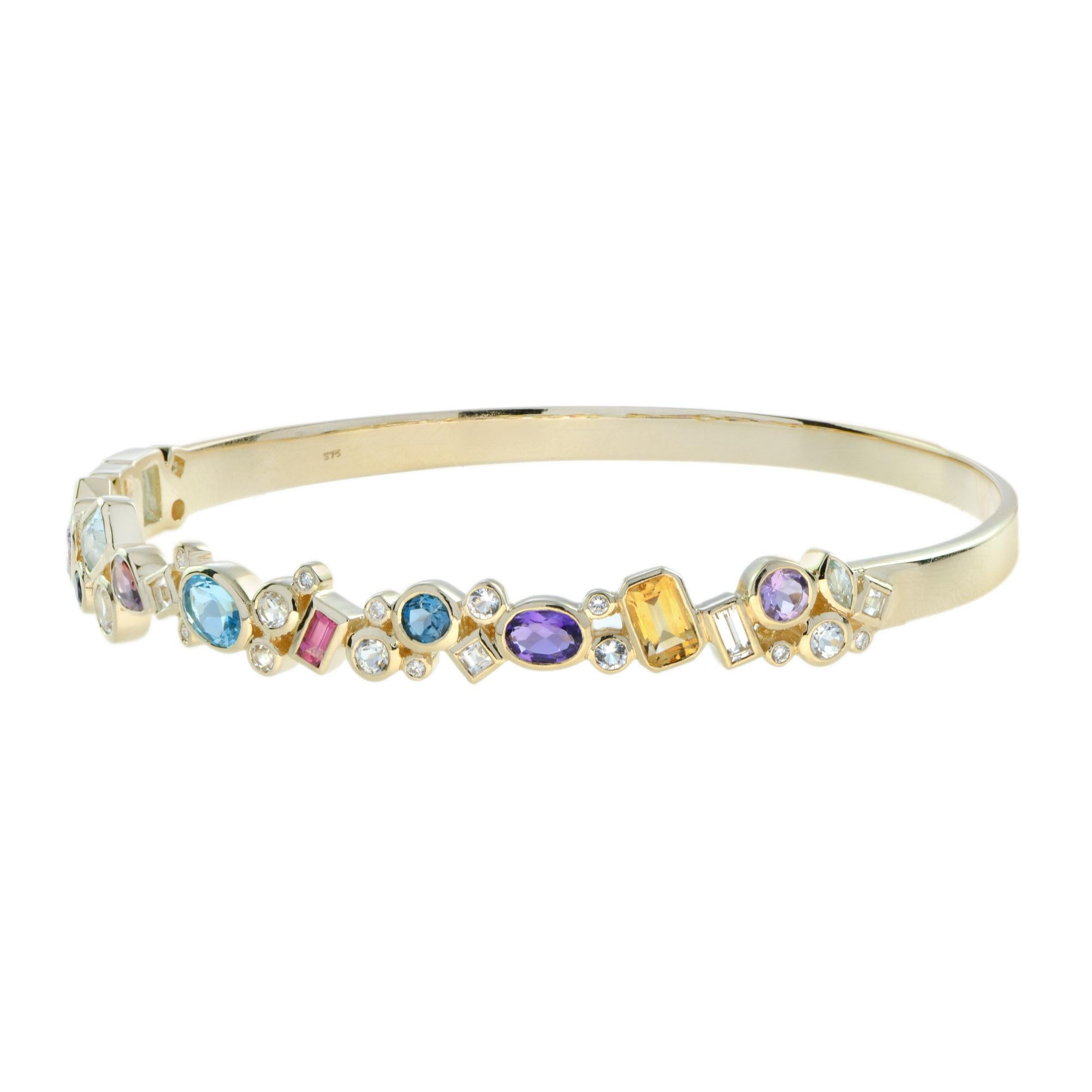 Colorful Multi Gemstones Cuff in 14K Yellow Gold In New Condition For Sale In Bangkok, TH