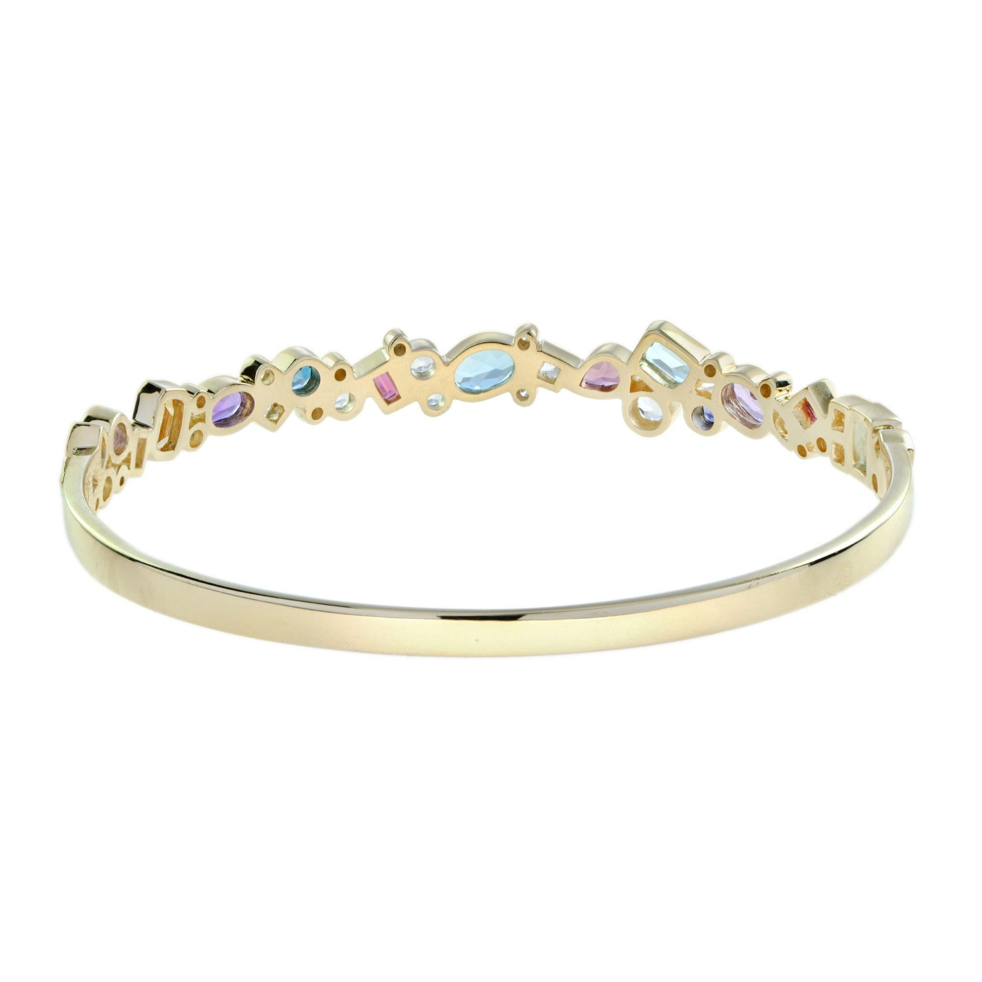 Colorful Multi Gemstones Cuff in 14K Yellow Gold In New Condition For Sale In Bangkok, TH
