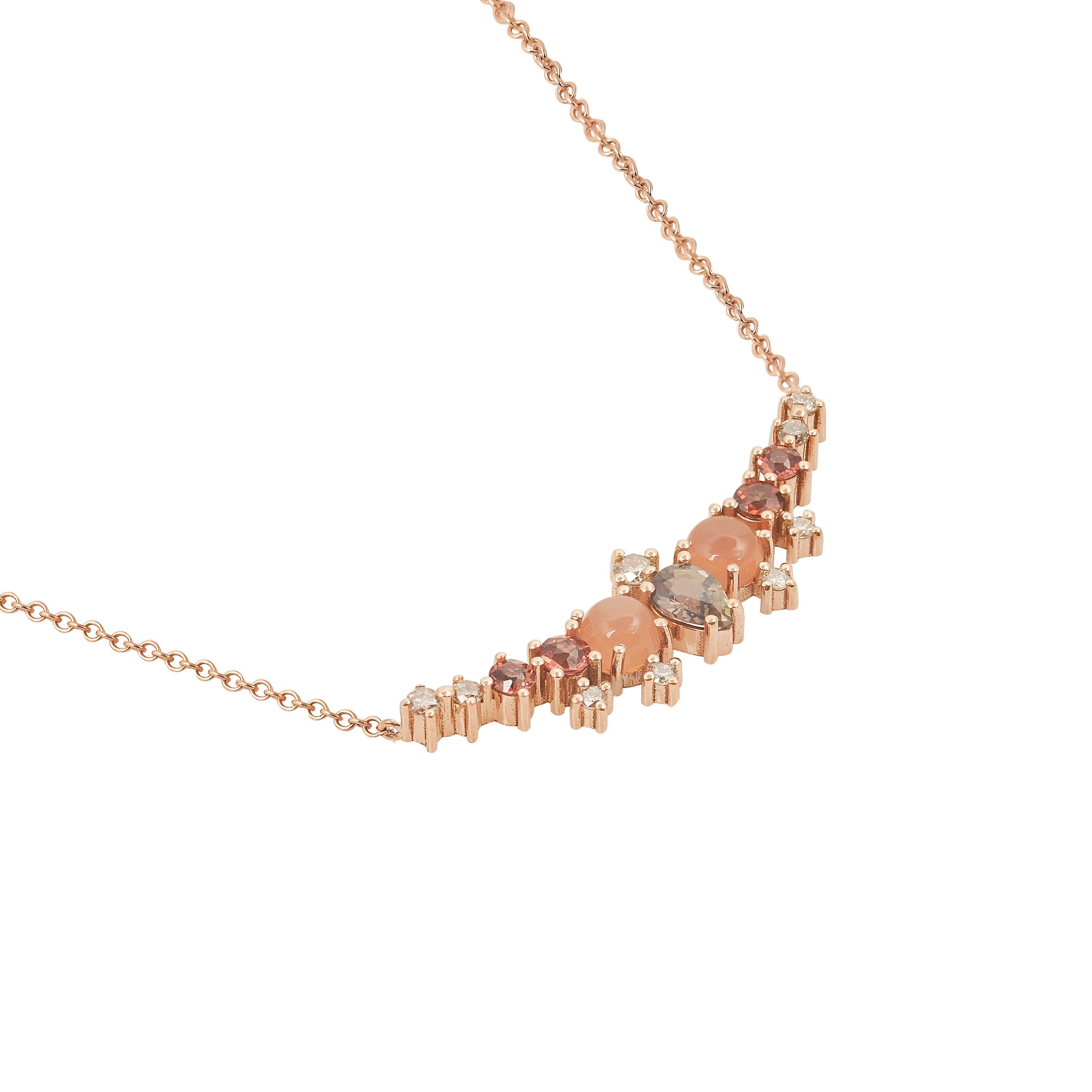 Contemporary Colorful Multi-Stone 18 Karat Gold Necklace with CC Sapphire, Moonstone, Diamond