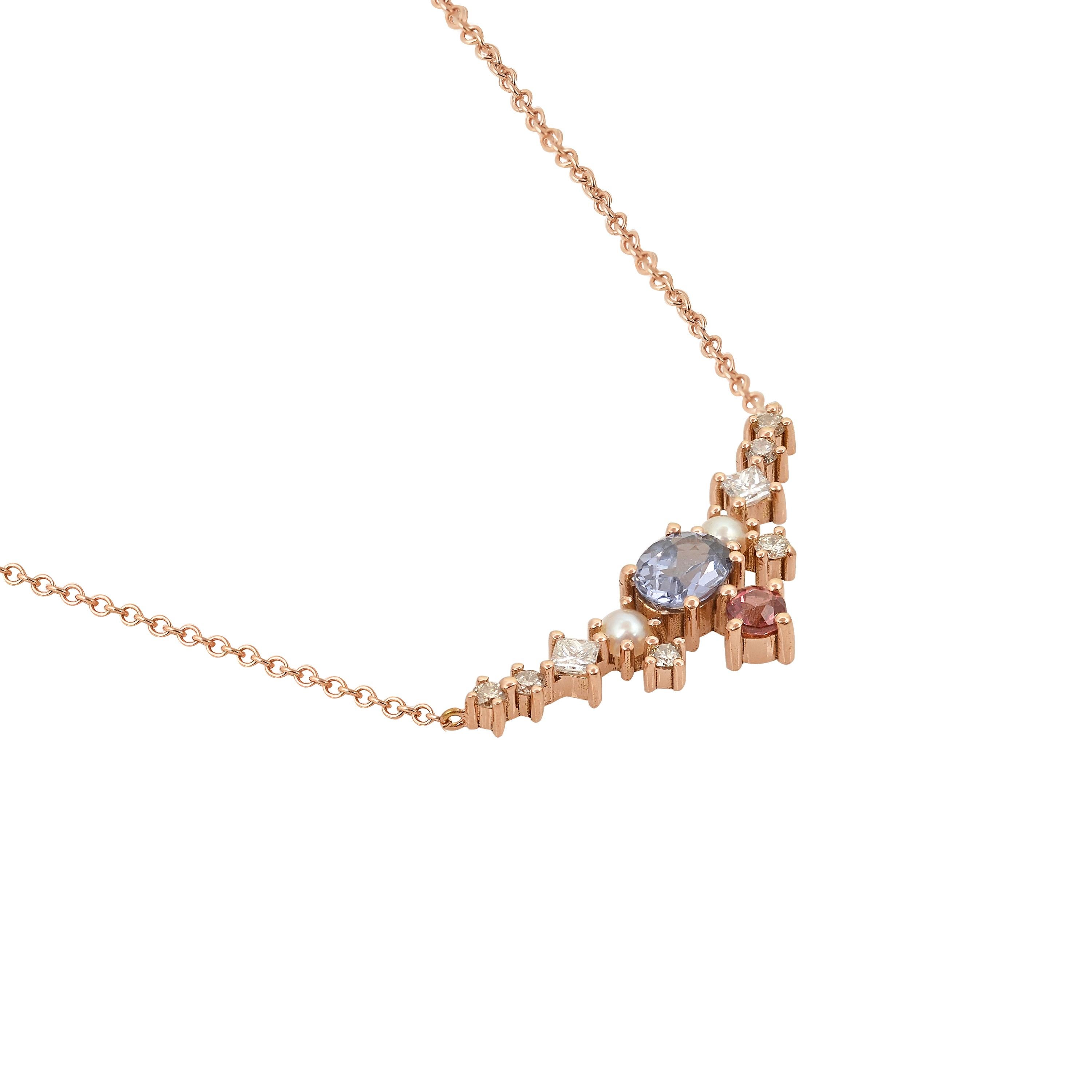 Designer: Alexia Gryllaki
Dimensions: L24x10mm, chain 420mm and a second link at 400mm
Weight: approximately 2.4g  
Barcode: OFS038

Multi-stone necklace in 18 karat rose gold with an oval faceted lilac spinel approx. 0.40cts, a round faceted garnet