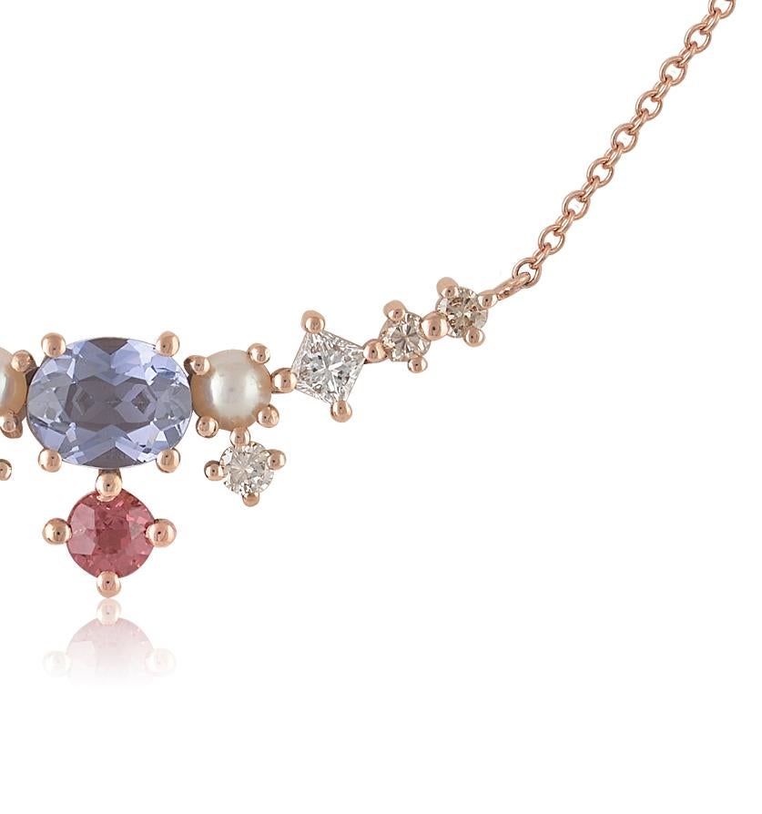 Contemporary Colorful Multi-Stone 18 Karat Gold Necklace with Spinel, Garnet, Diamonds, Pearl