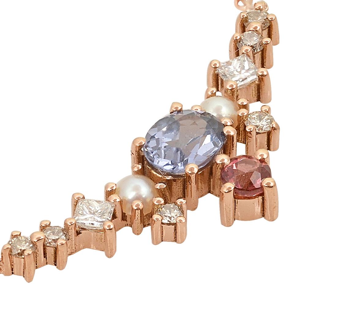 Bunte mehrfarbige Halskette aus 18 Karat Gold mit Spinell, Granat, Diamanten, Perle (Cabochon)