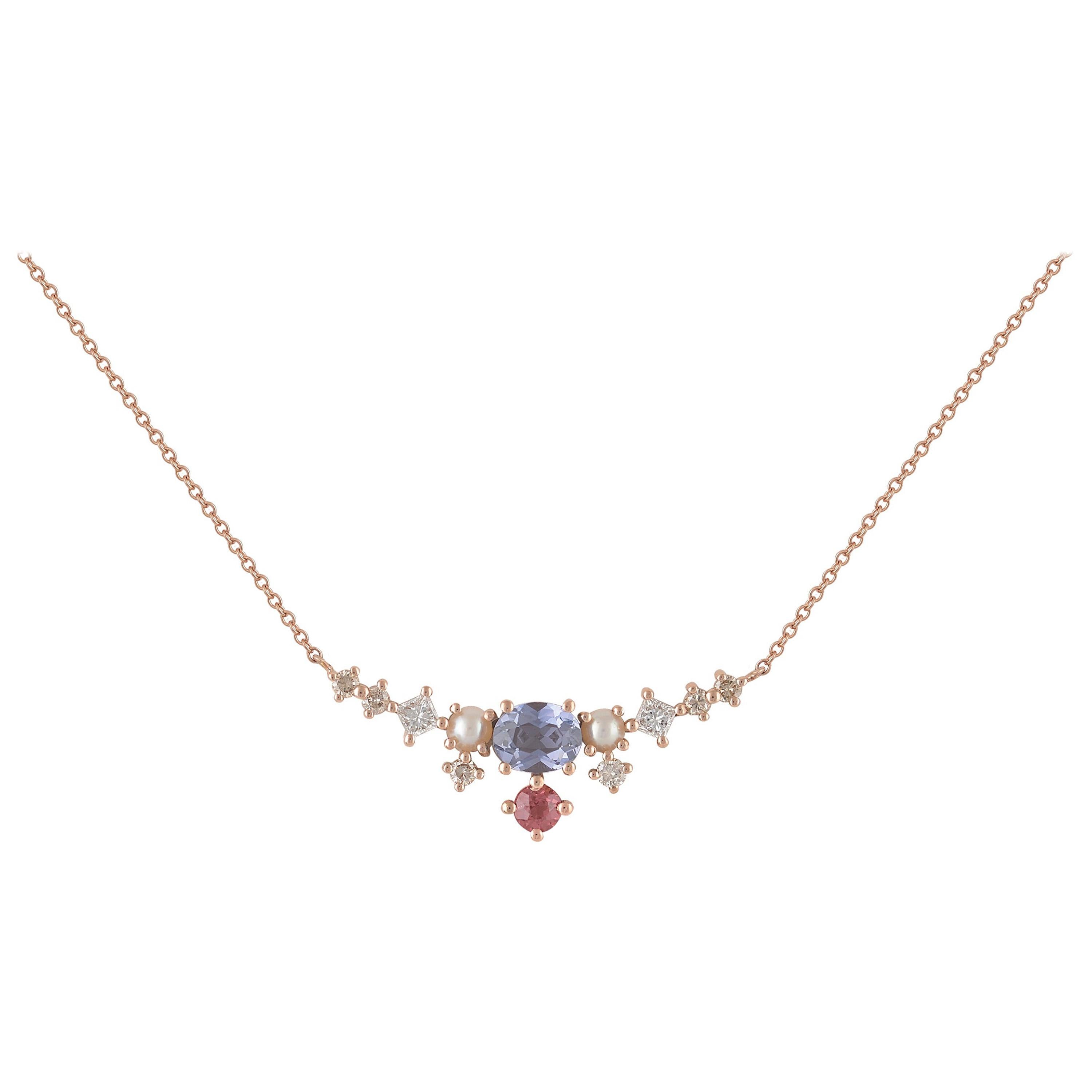 Colorful Multi-Stone 18 Karat Gold Necklace with Spinel, Garnet, Diamonds, Pearl