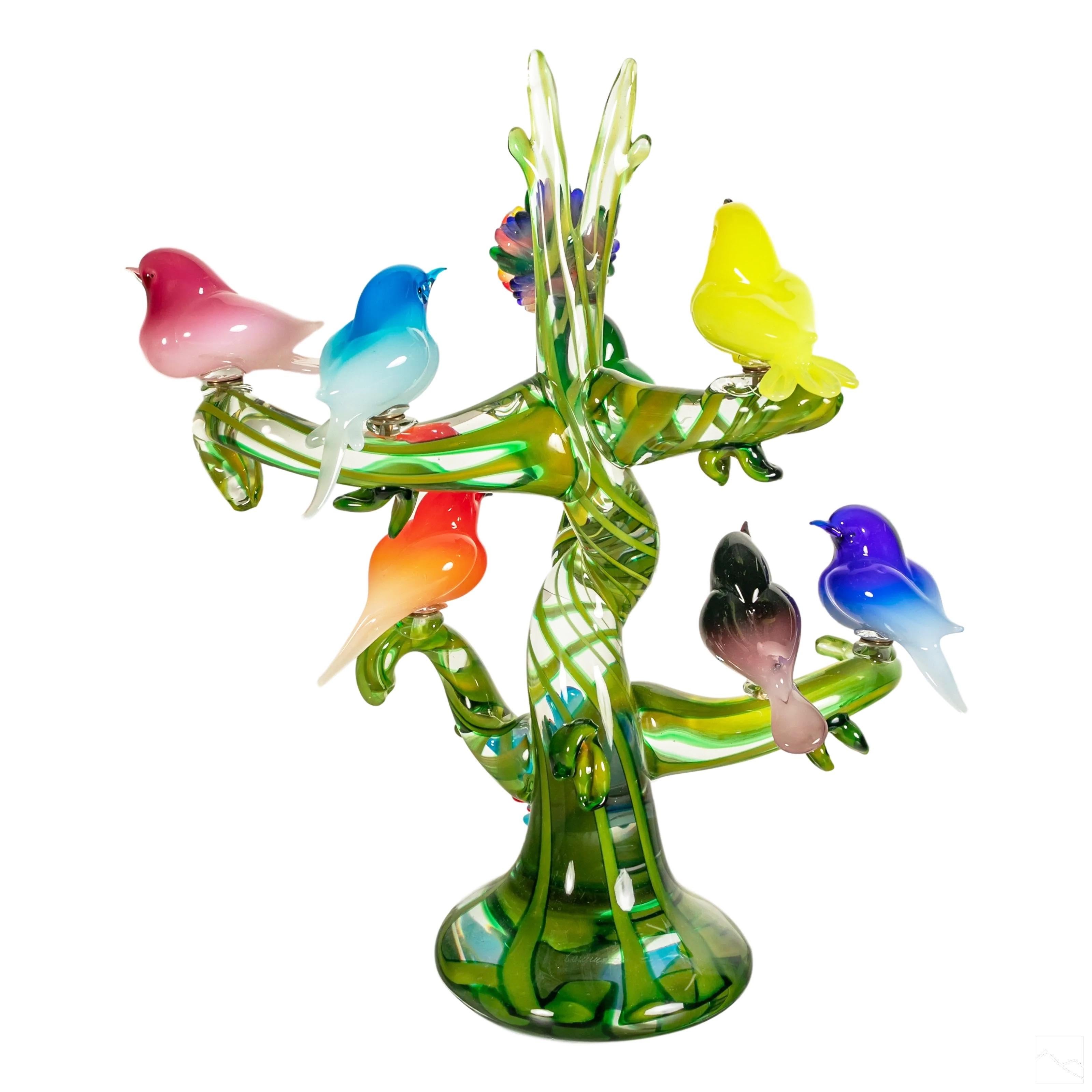Italian Colorful Murano Glass Birds in a Tree Sculpture, Enrico Cammozzo, Italy, 1970s