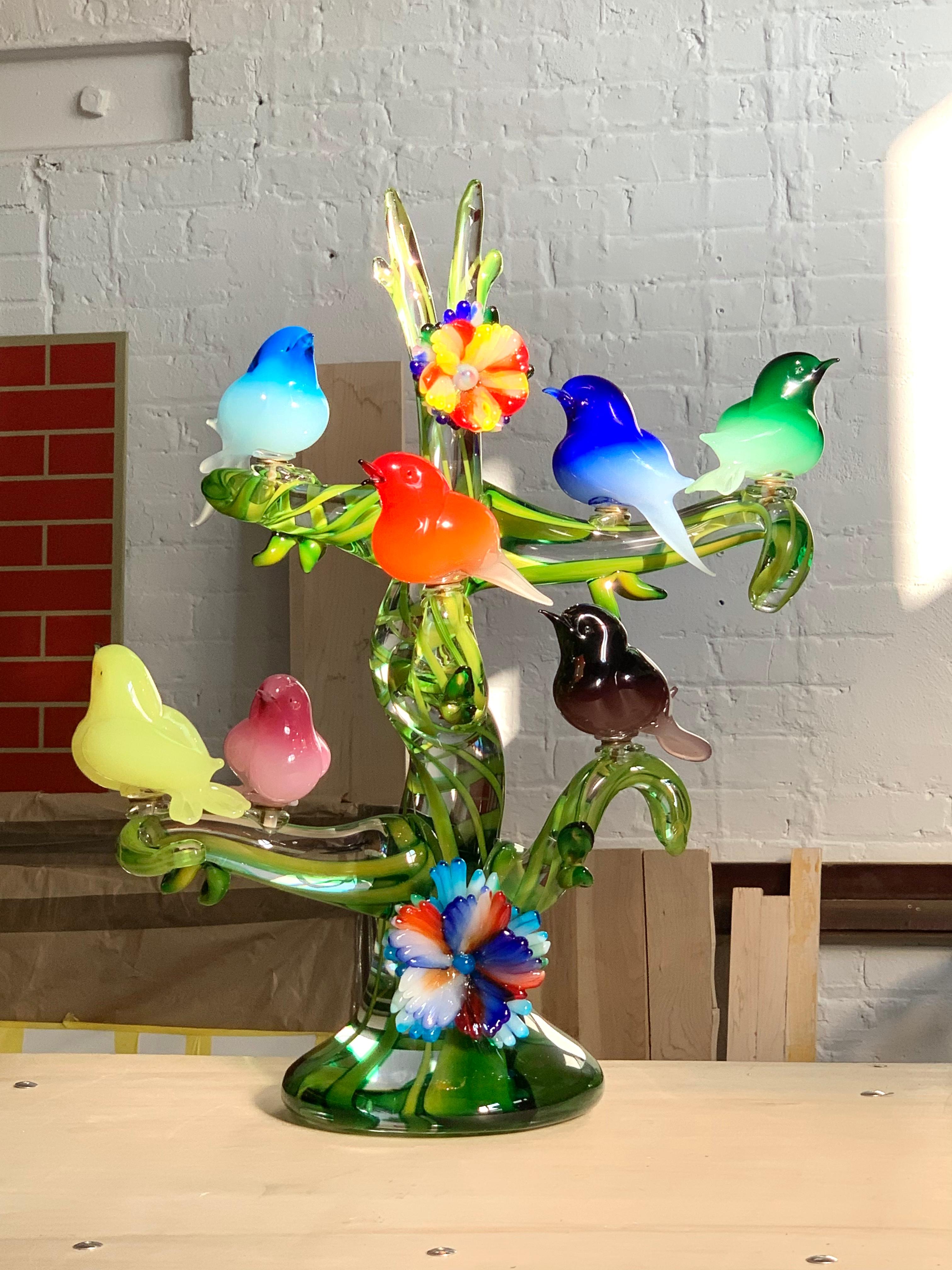 Colorful Murano Glass Birds in a Tree Sculpture, Enrico Cammozzo, Italy, 1970s In Good Condition In Brooklyn, NY