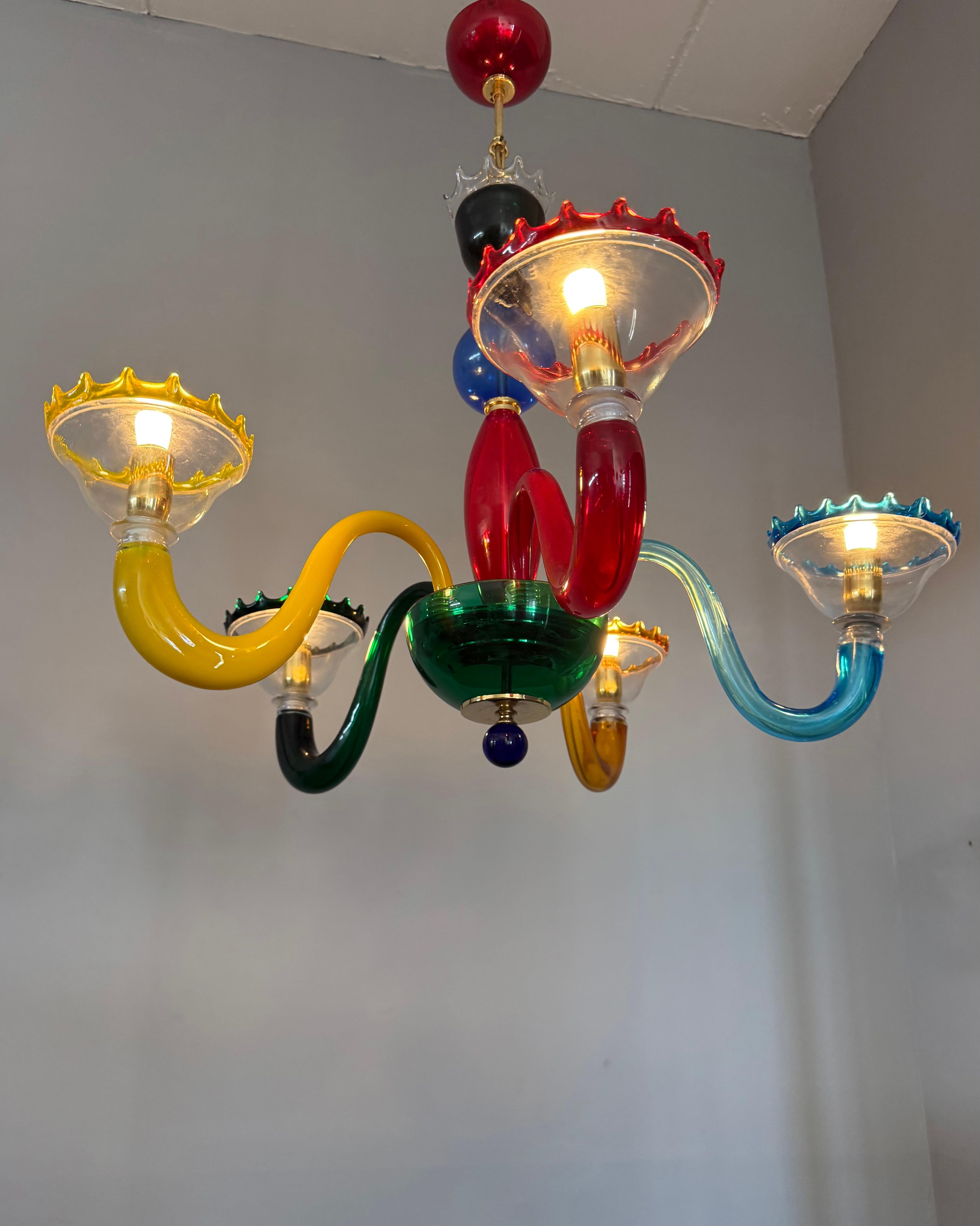 Colorful Murano Glass Chandelier, Italy, 1980s, Mount Blown Sculptural Design For Sale 8