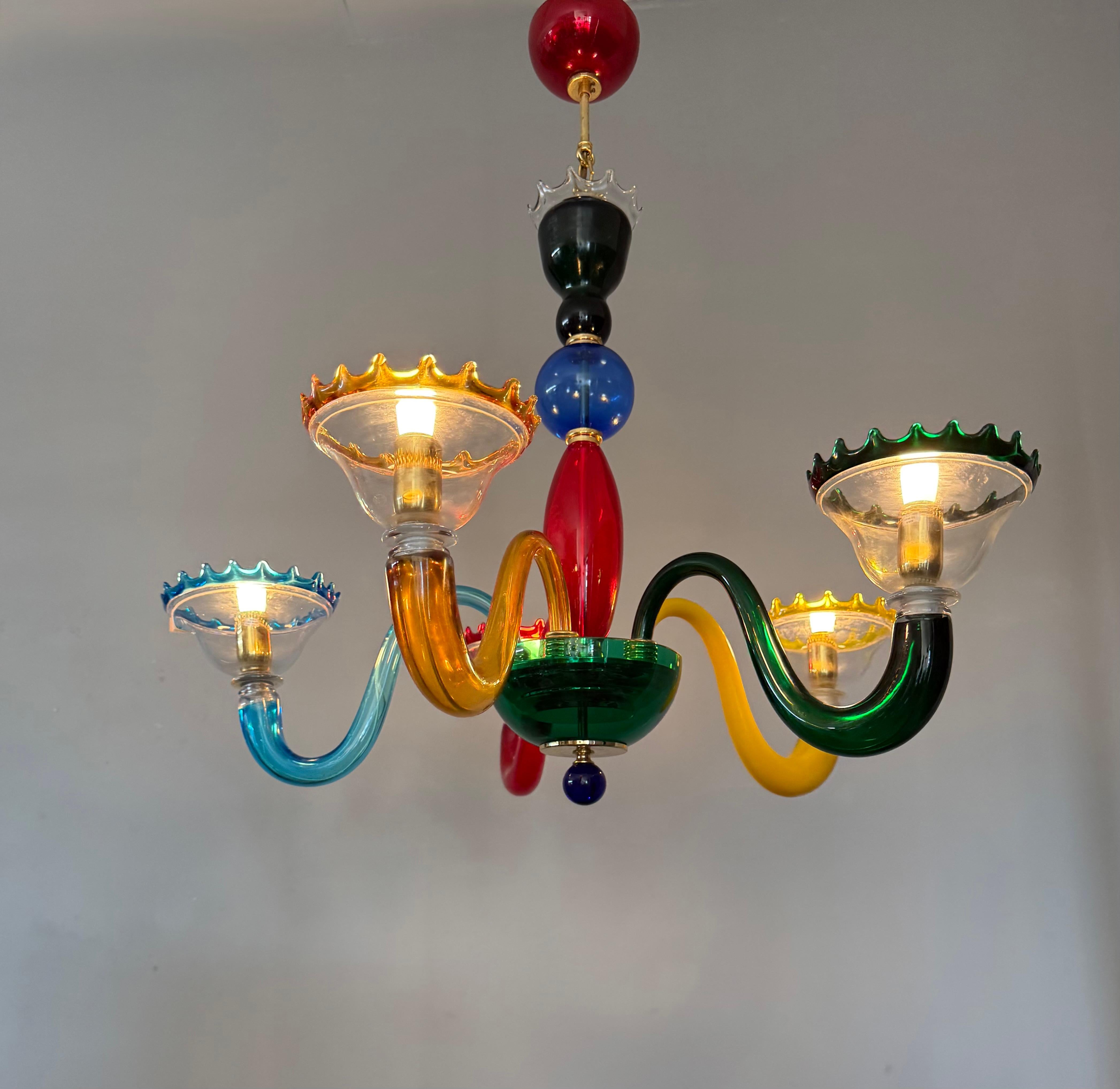 Colorful Murano Glass Chandelier, Italy, 1980s, Mount Blown Sculptural Design For Sale 11