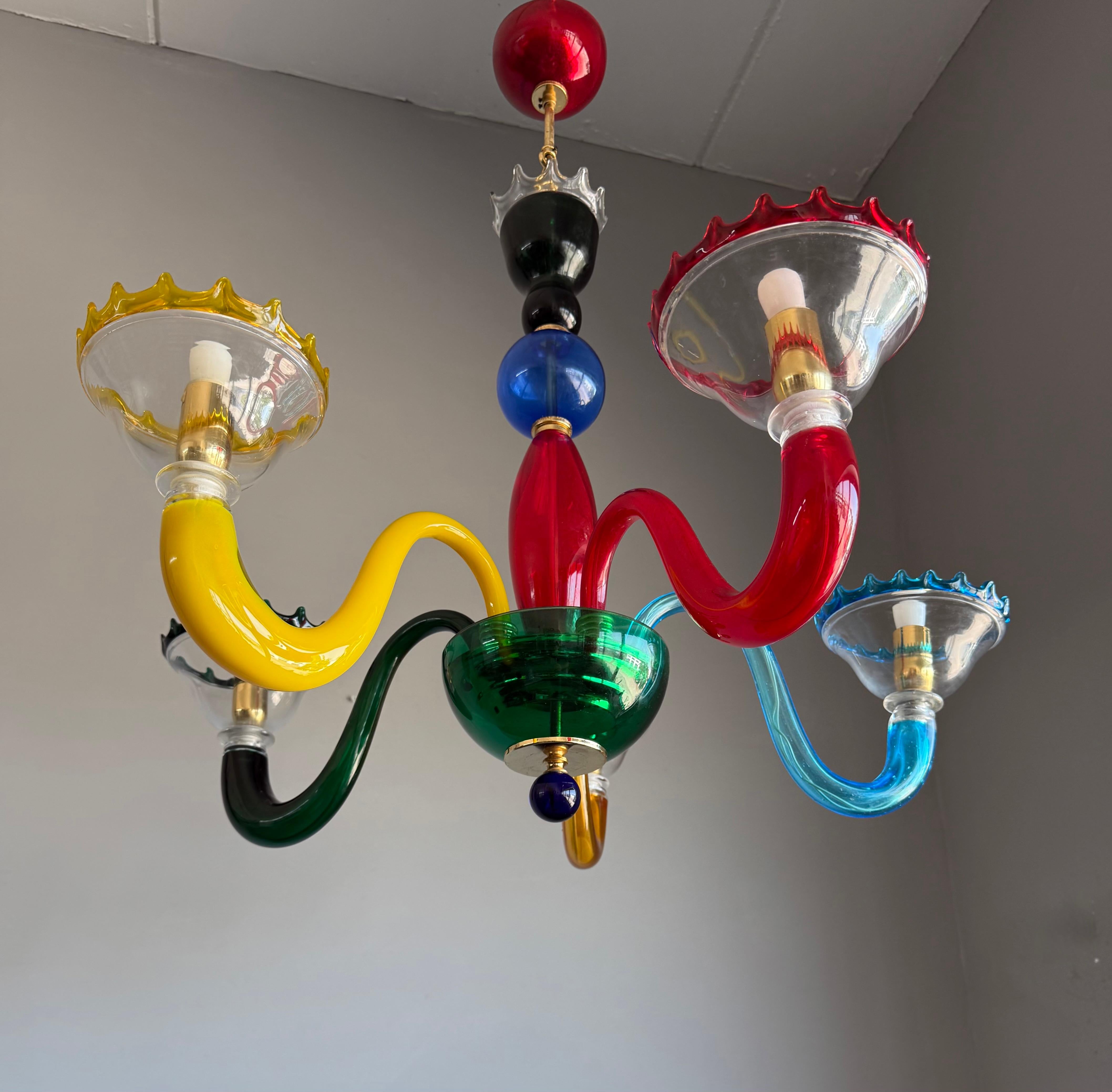 Mid-Century Modern Colorful Murano Glass Chandelier, Italy, 1980s, Mount Blown Sculptural Design For Sale