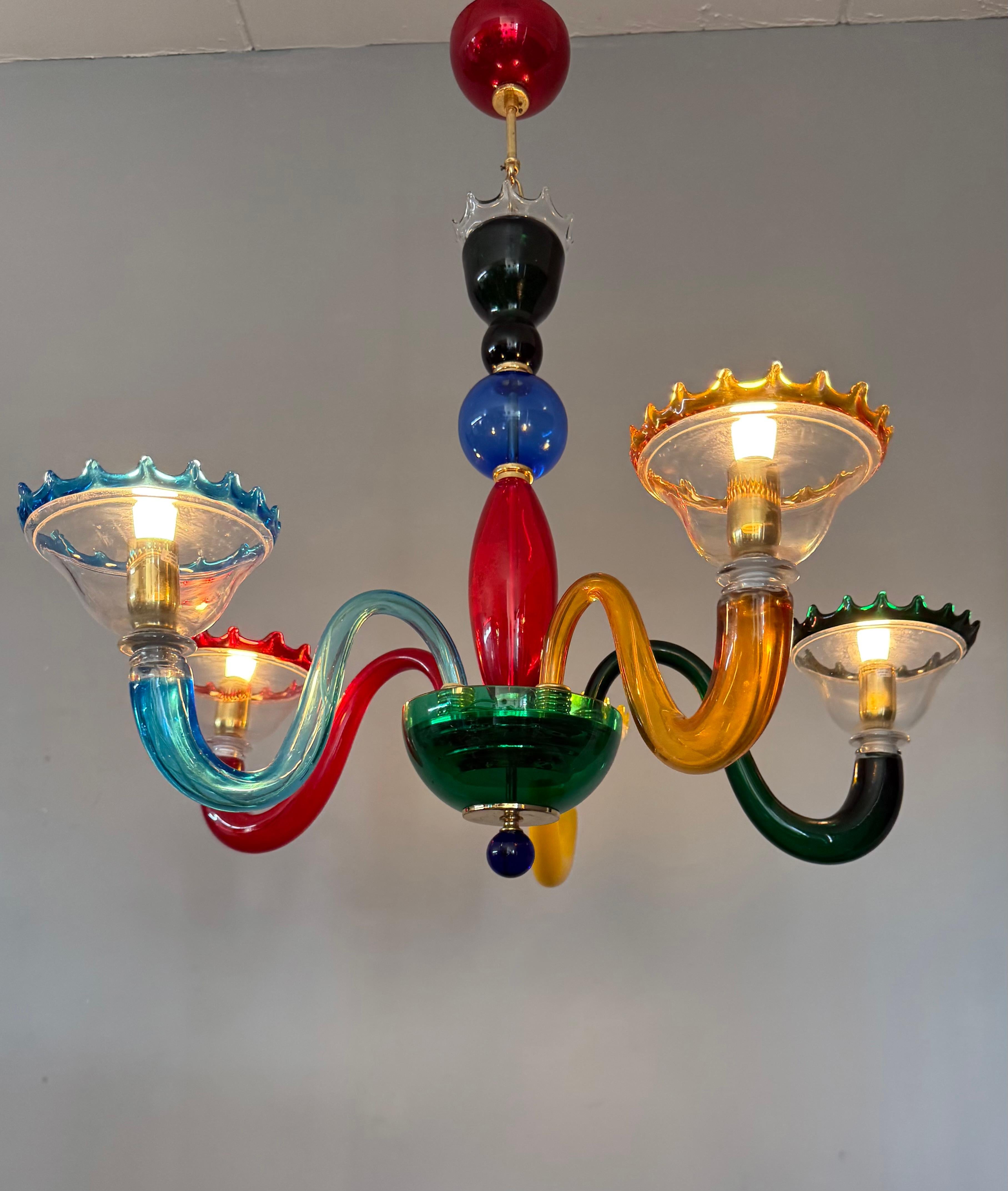 Hand-Crafted Colorful Murano Glass Chandelier, Italy, 1980s, Mount Blown Sculptural Design For Sale