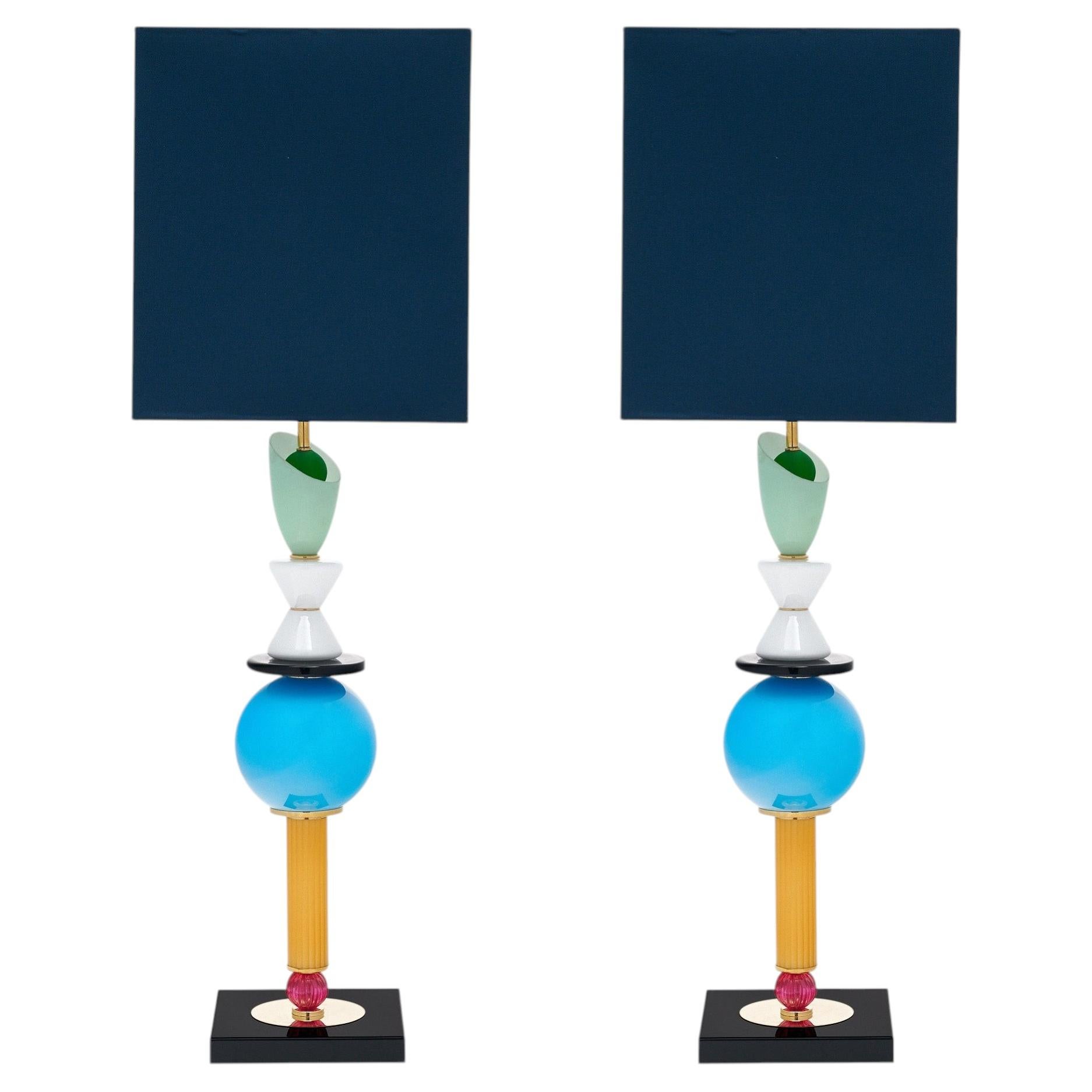 Colorful Murano Glass Table Lamps with Black Metal Base, Italy