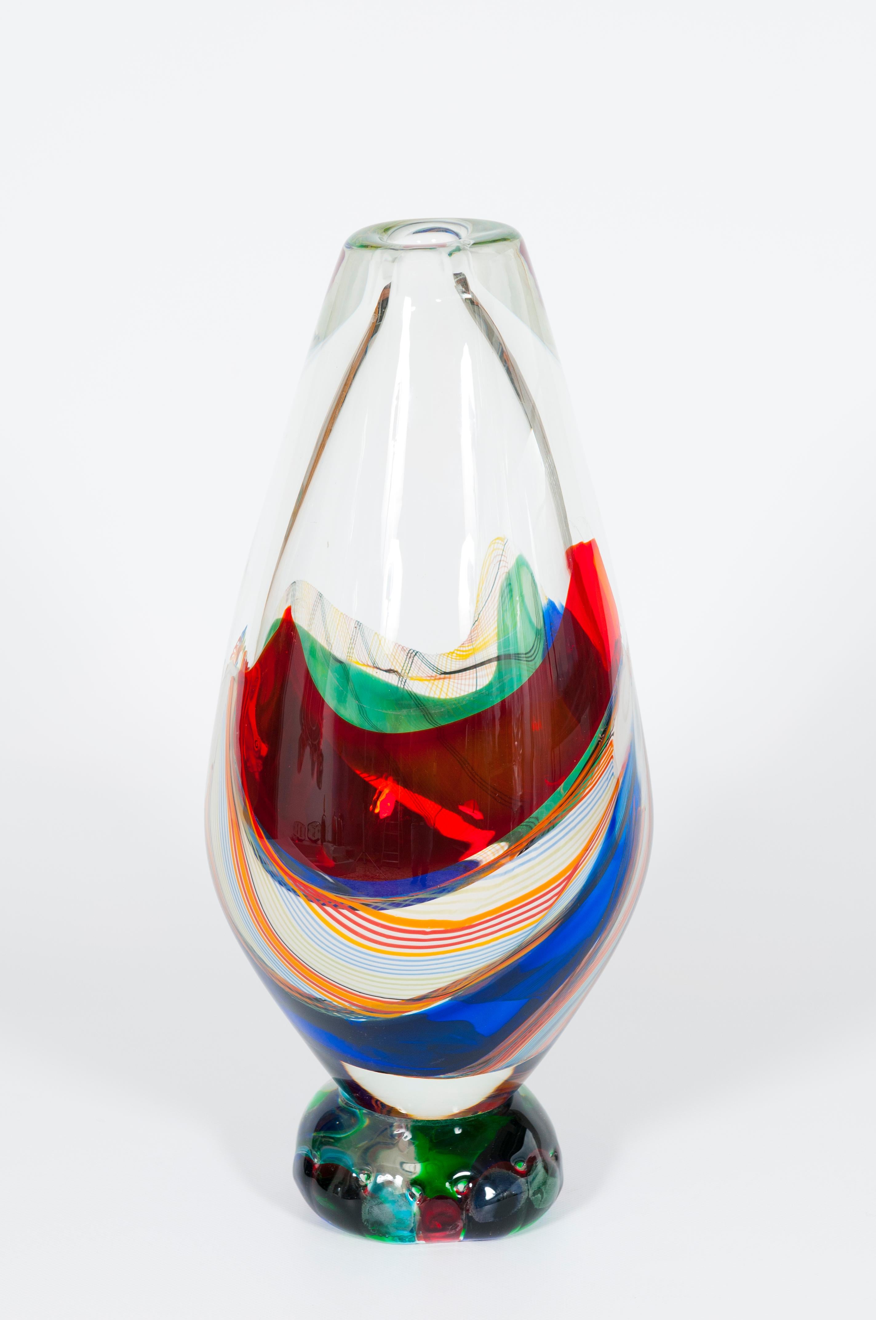 Cut Glass Colorful Murano Glass Vase by Romano Donà Venice 1980s For Sale