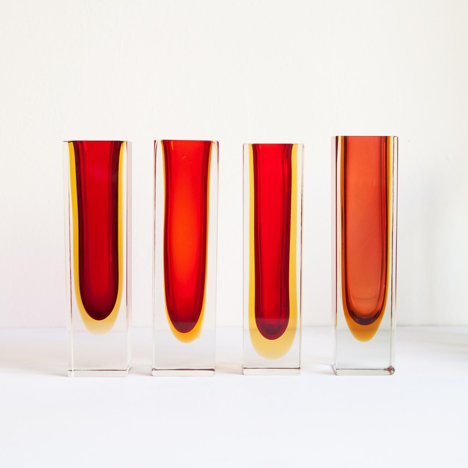 Wonderful set of Sommerso Murano Glass Vases made by Flavio Poli.
The heights are from 30-23 cm and the diameter from 7-5 cm.
Very good vintage condition, no chips or defects.