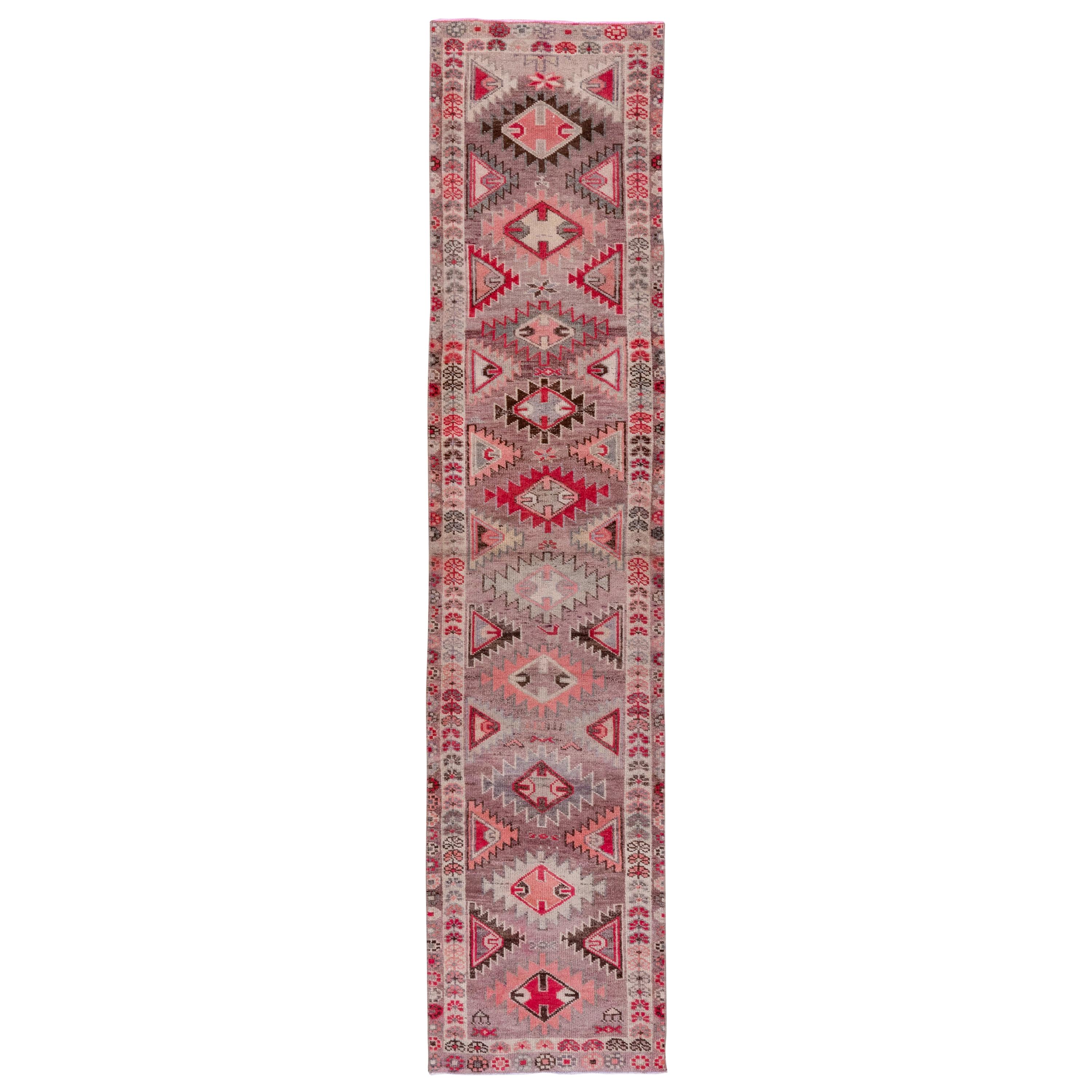 Colorful Narrow Turkish Oushak Runner, Light Purple Field