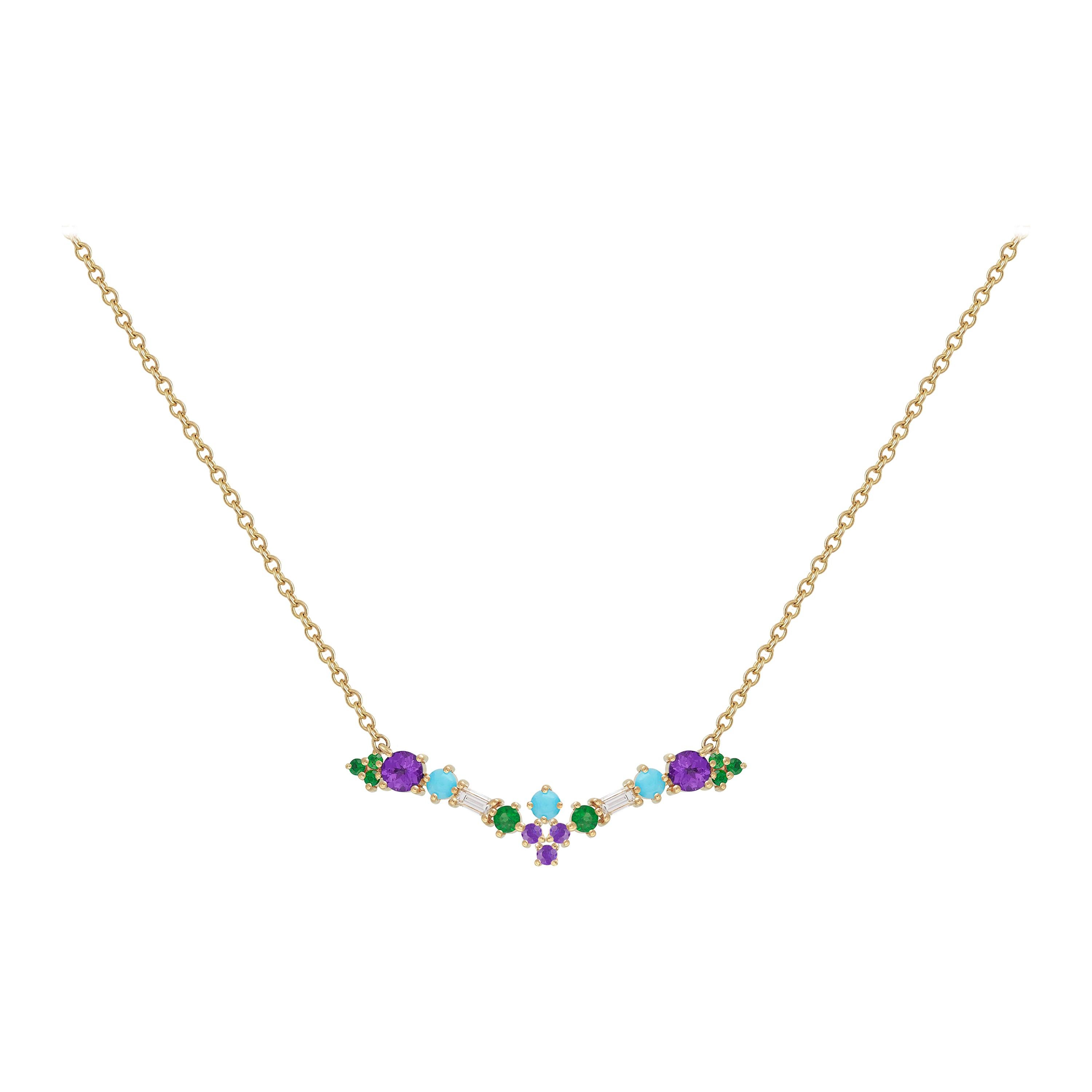 Colorful Necklace in 18kt Gold with Amethysts, Emeralds, Turquoise and Diamonds