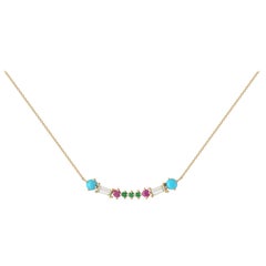 Colorful Necklace in 18k Gold with Pink Sapphires, Emeralds, Turquoise, Diamonds